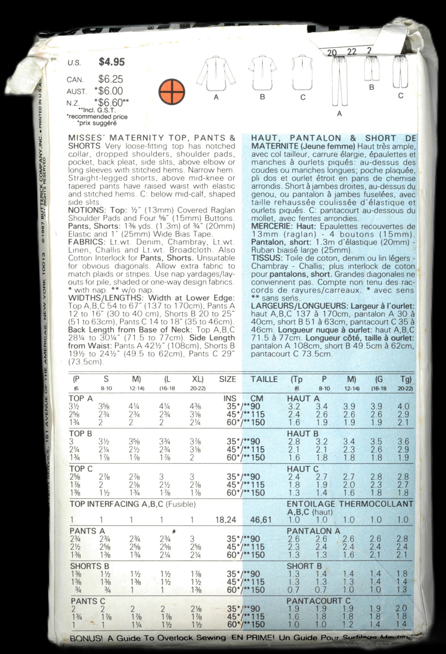 Butterick 4865 Misses Maternity Top Pants and Shorts Sewing Pattern UNCUT Size L - XL