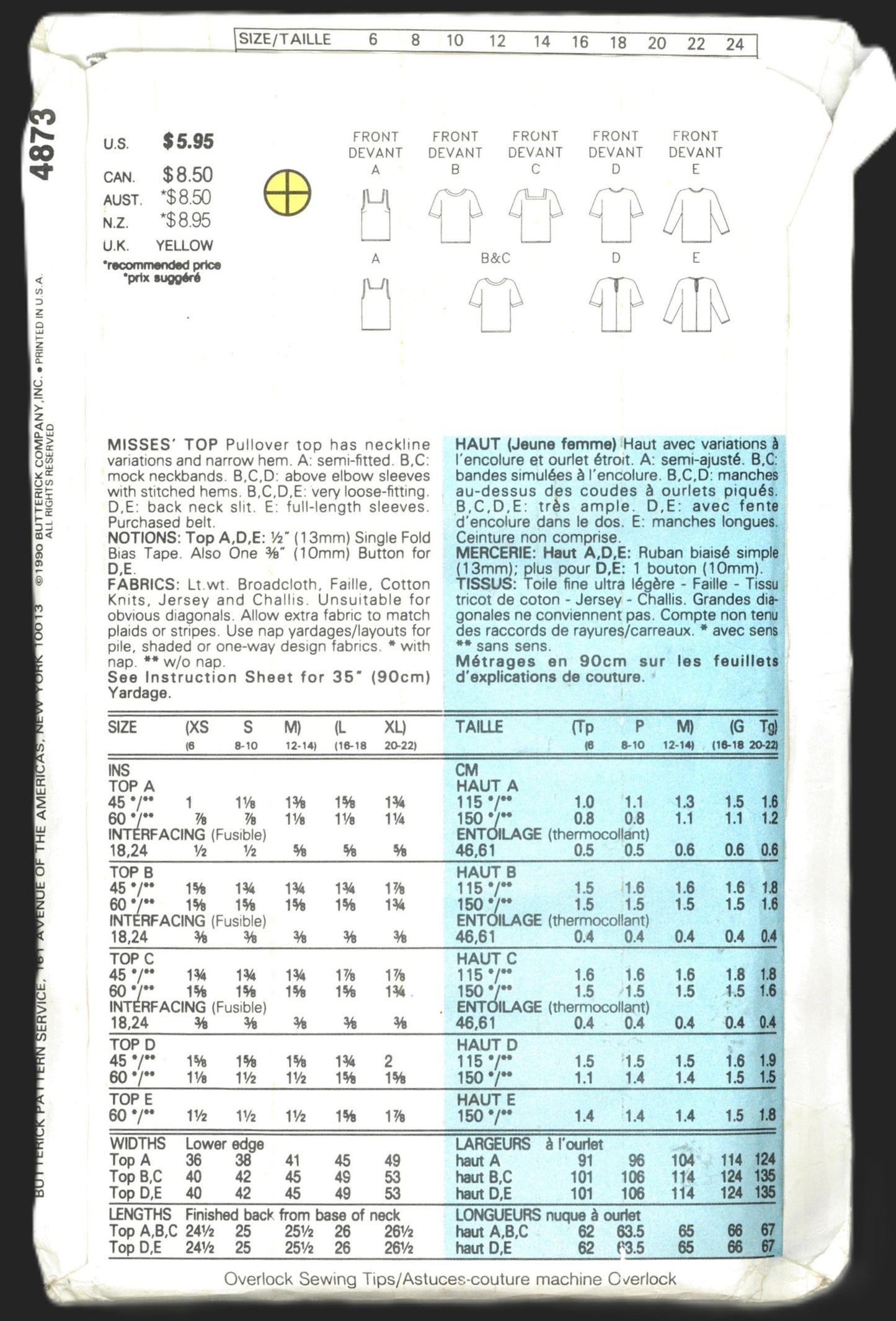 Butterick 4873 Misses Top Sewing Pattern UNCUT  Size XS S M or Size L - XL