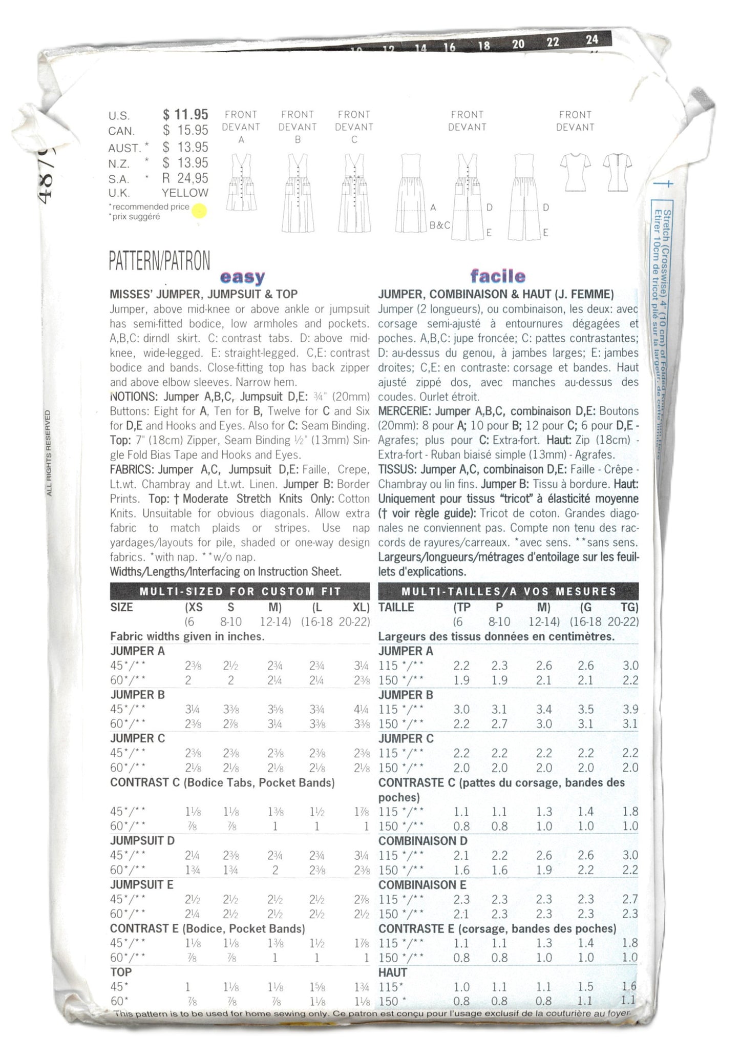 Butterick 4879 Misses Jumper Jumpsuit and Top Sewing Pattern UNCUT Size Xs S M