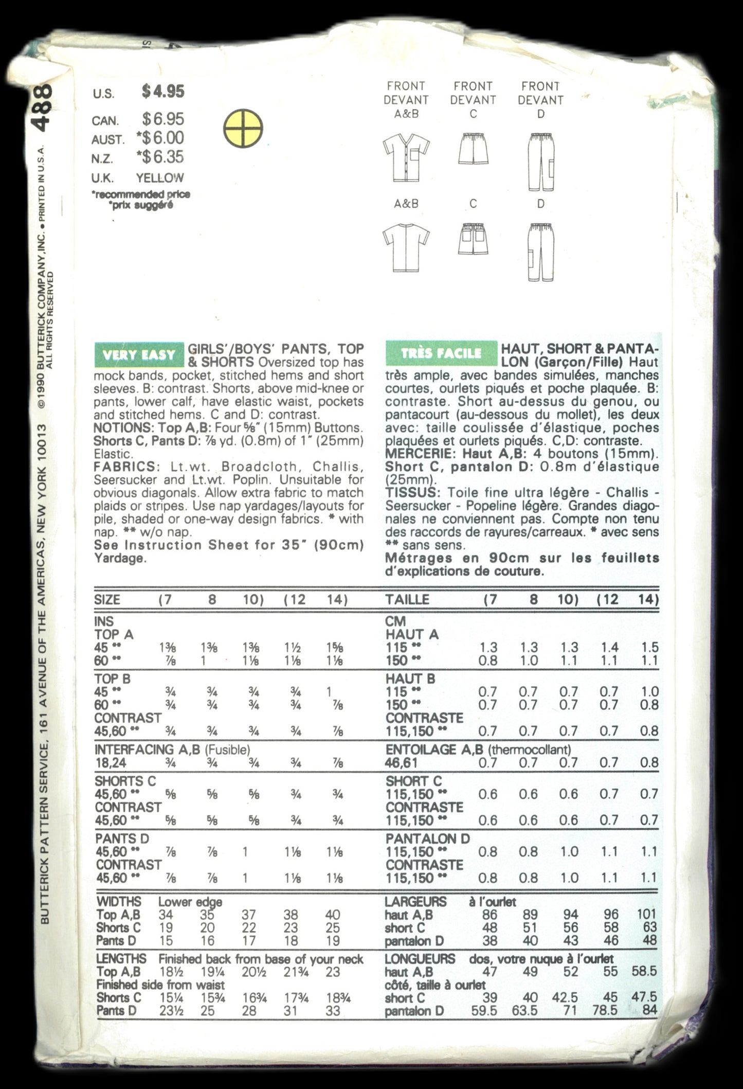 Butterick 4880 Girls / Boys Pants Top and Shorts Sewing Pattern - UNCUT - Size 12 - 14
