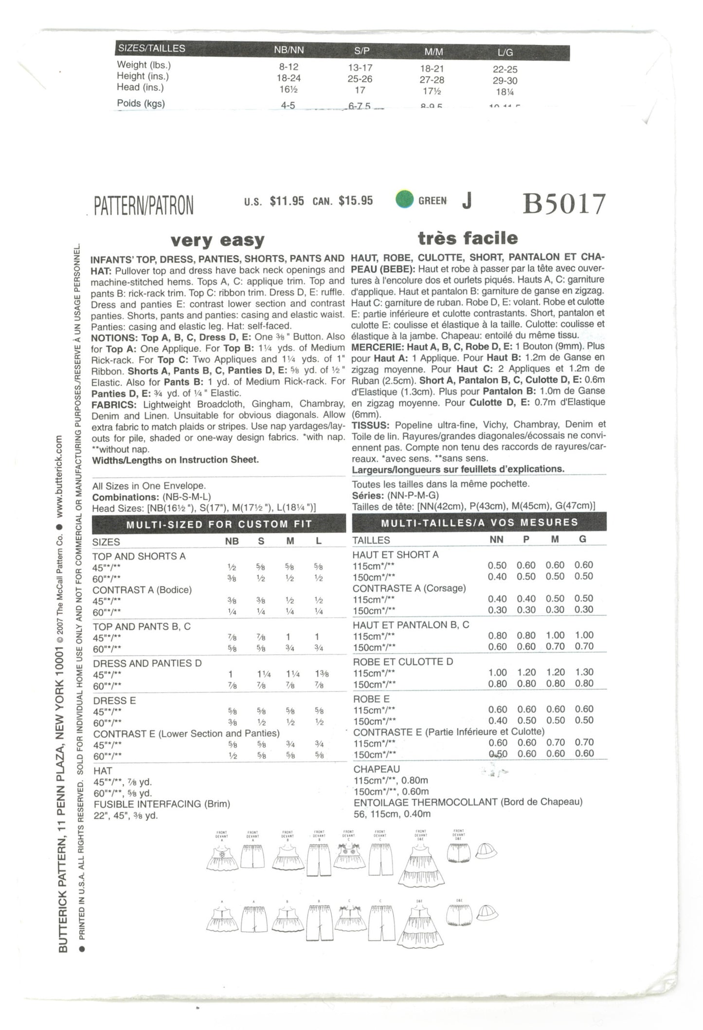 Butterick 5017  Infants Top Dress Panties Shorts Pants and Hat Sewing Pattern - UNCUT - Size NB S M L