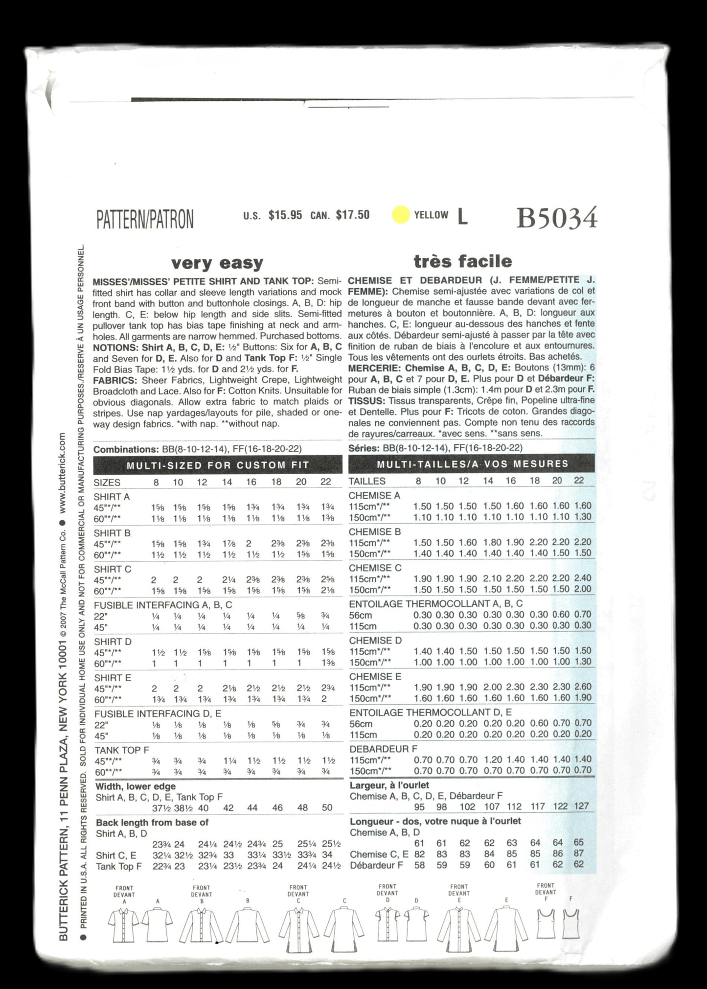 Butterick 5034  Misses / Miss Petite Shirt and Tank Top Sewing Pattern UNCUT Size 16 18 20 22