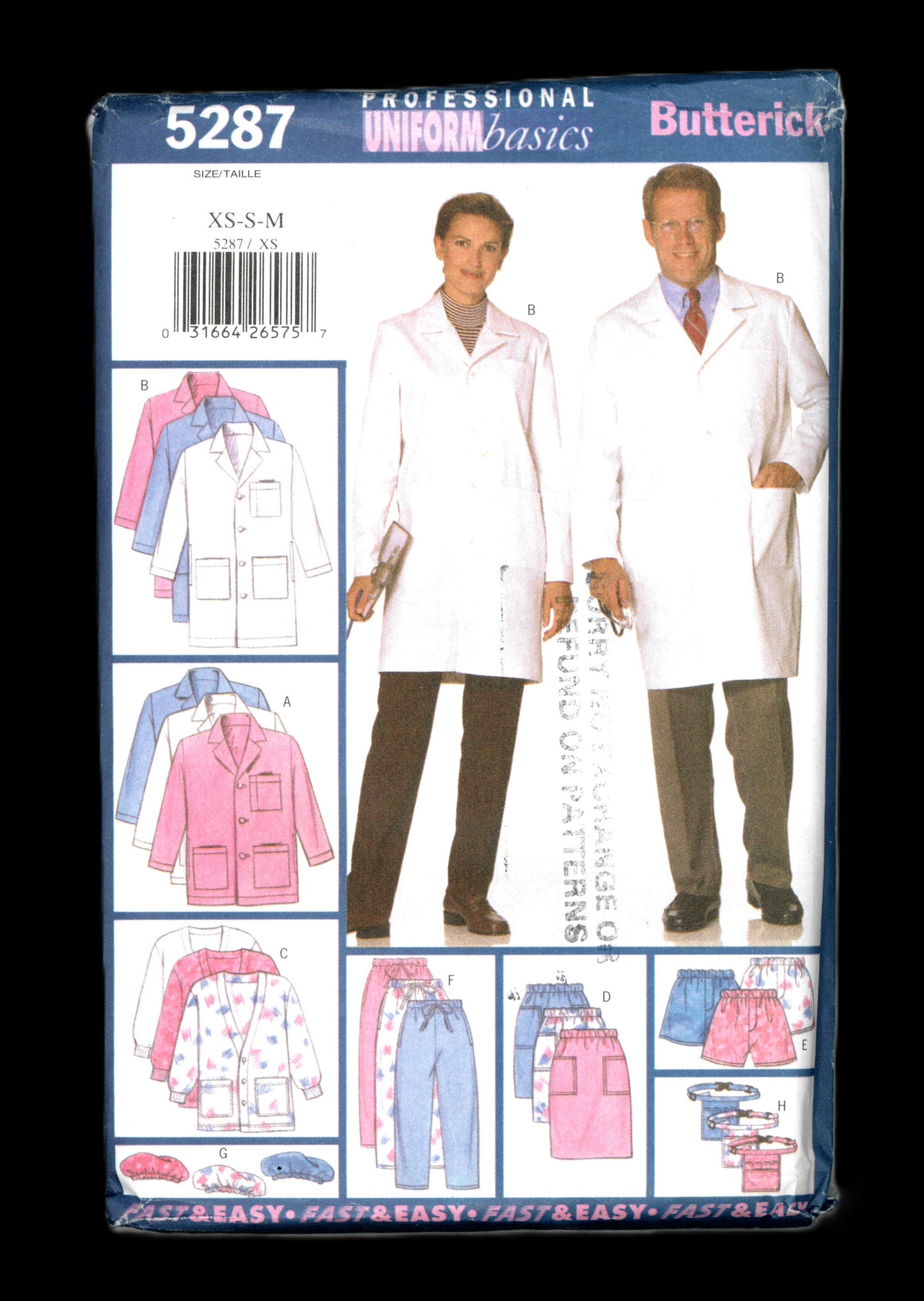 Butterick 5287 Misses and Mens Scrubs Unisex Coat, Jacket, Skirt, Shorts and Pants, Hat and Pocket Sewing Pattern - UNCUT - Size Xs S M