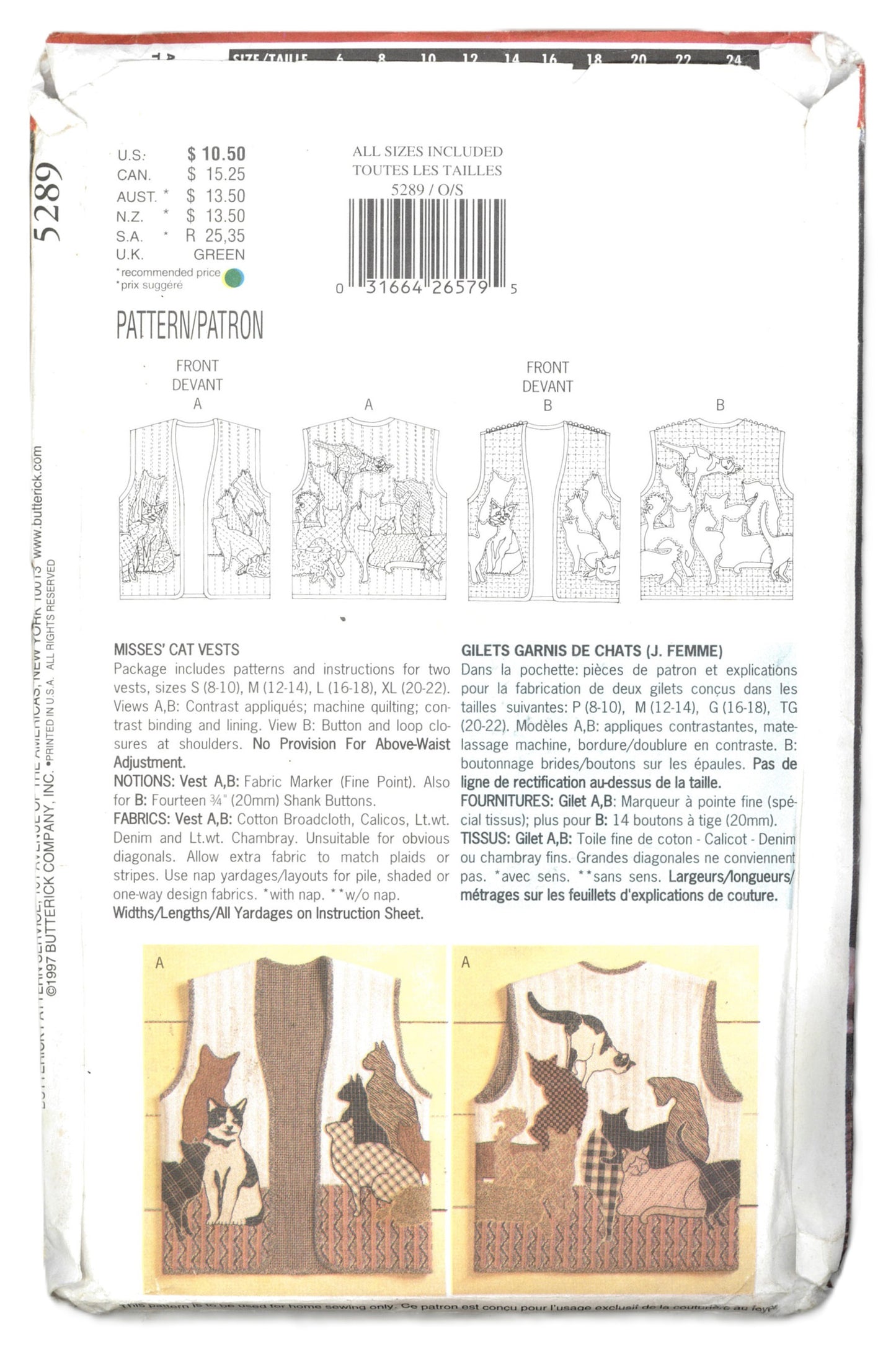 Butterick 5289 Misses Cat Vest Sewing Pattern UNCUT Size S M L XL