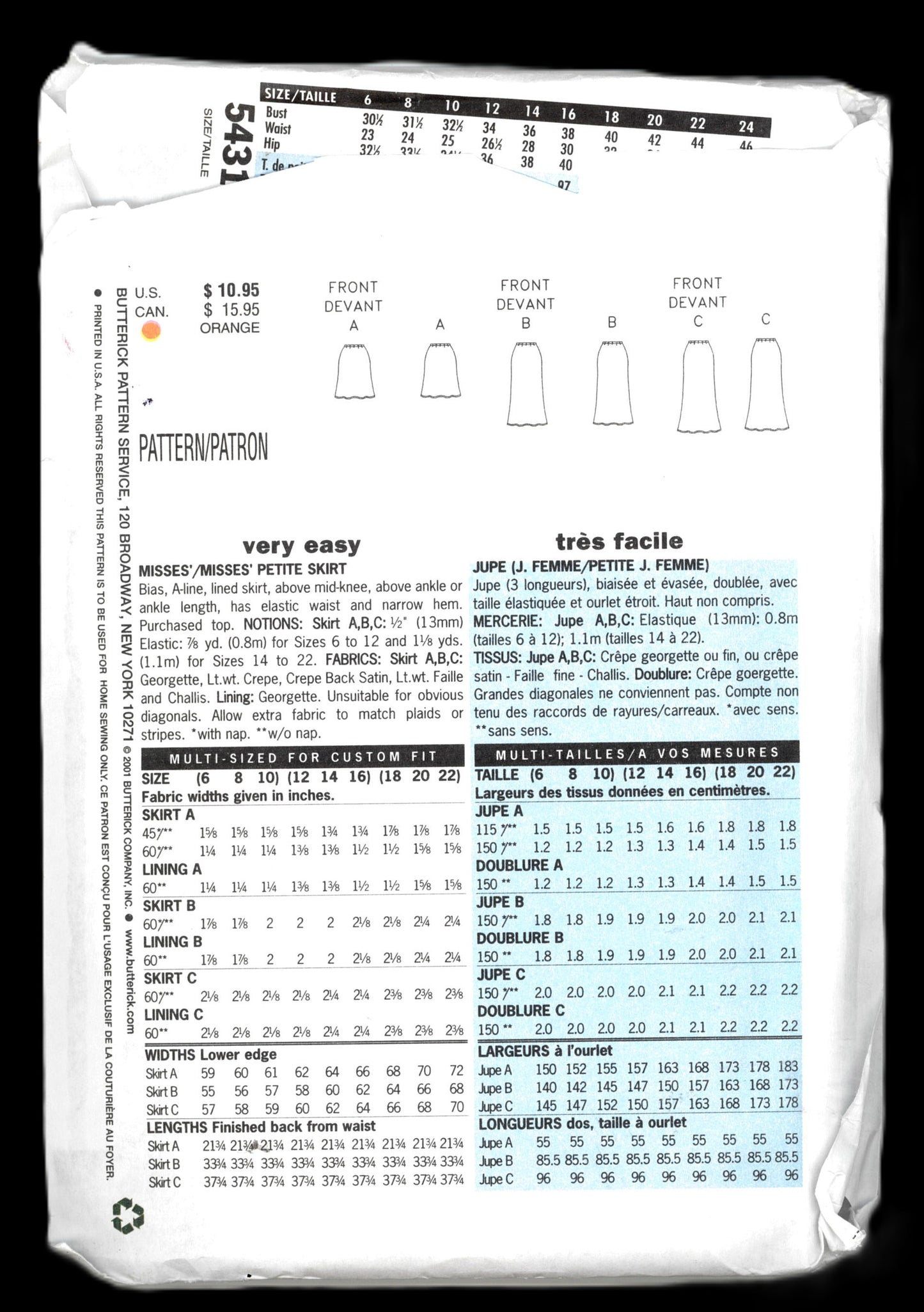 Butterick 5431 Misses Skirt Sewing Pattern - UNCUT - Size 12 14 16