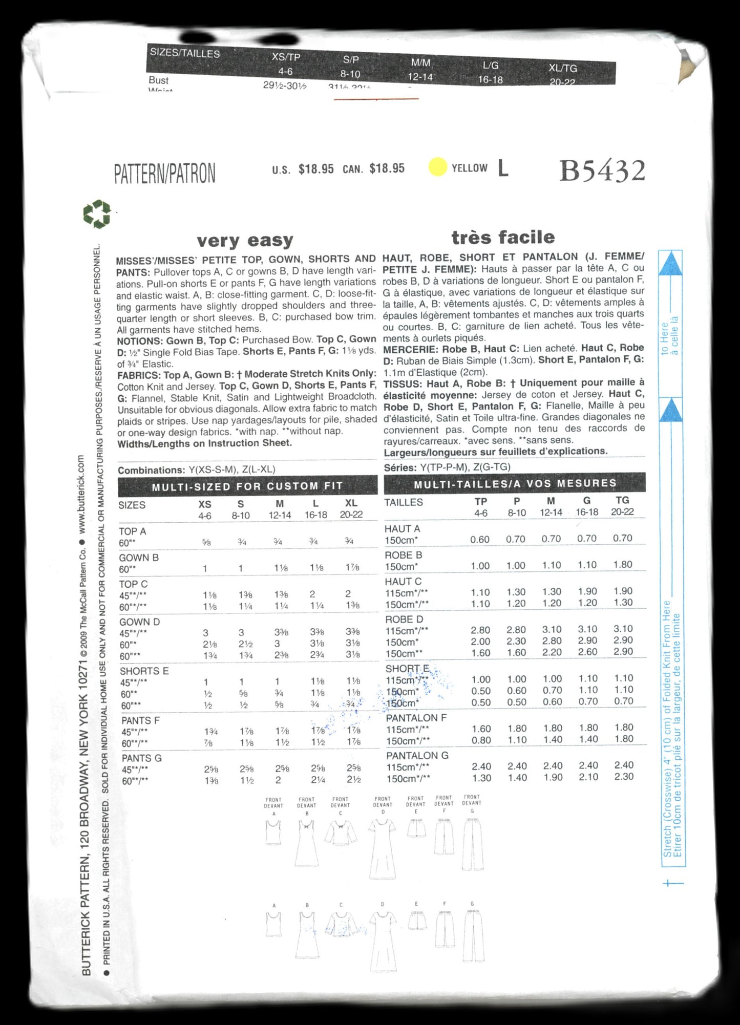 Butterick 5432 Misses / Misses Petite Top, Gown, Shorts and Pants Sewing Pattern UNCUT Size XS S M