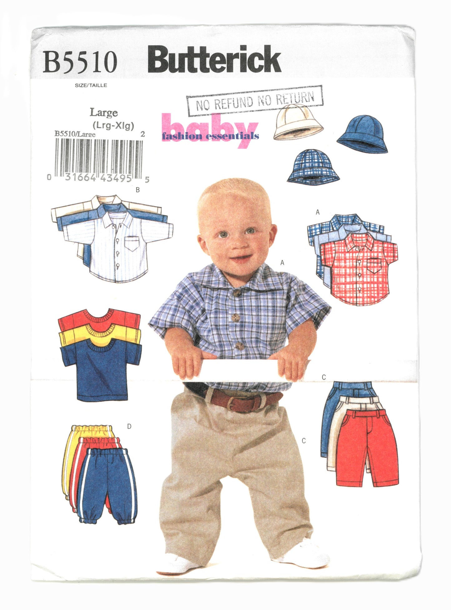 Butterick 5510 Infants Shirt T-Shirt  Pants and Hat Sewing Pattern - UNCUT - Size Large ( Lrg - Xlg)