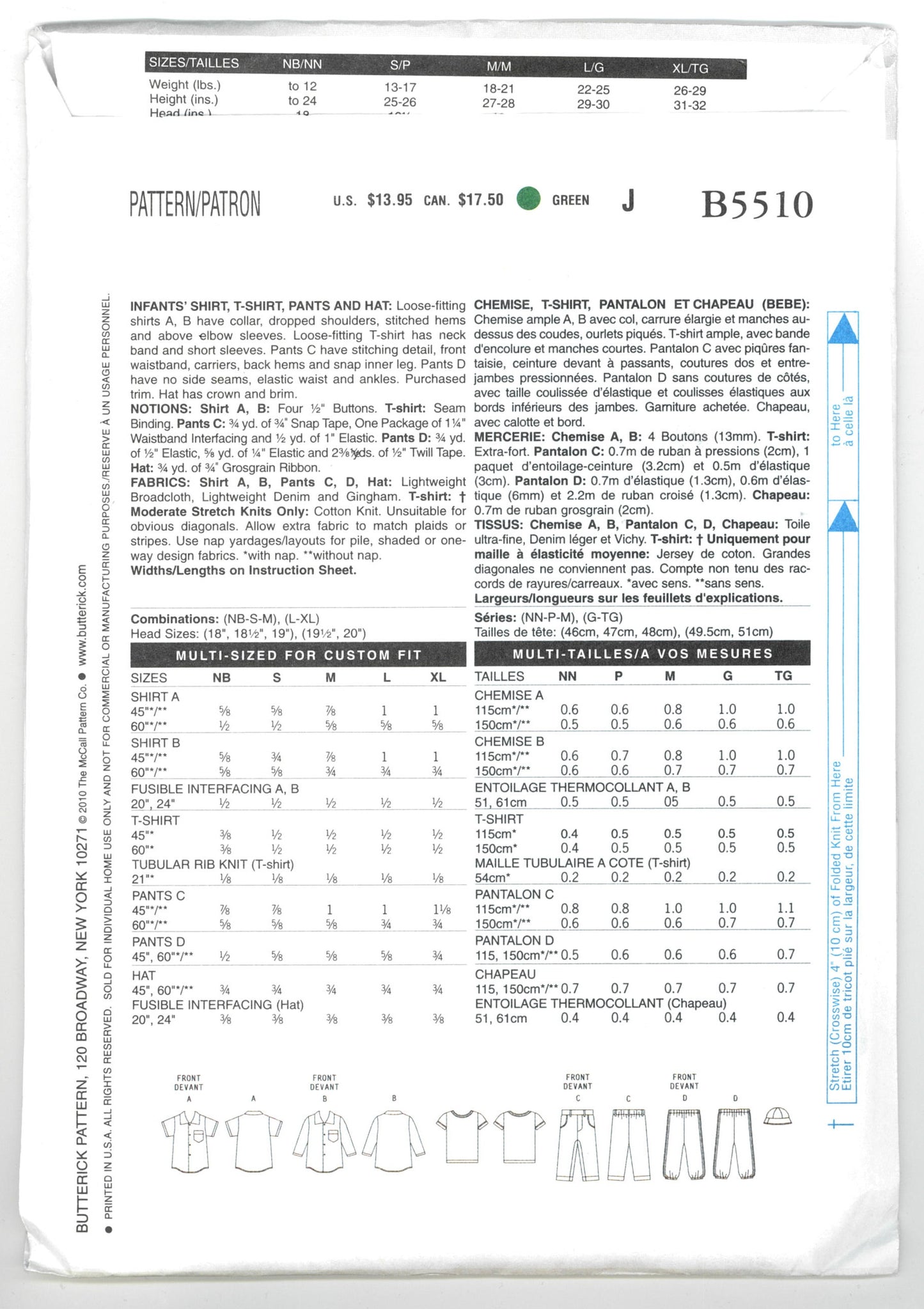 Butterick 5510 Infants Shirt T-Shirt  Pants and Hat Sewing Pattern - UNCUT - Size Large ( Lrg - Xlg)