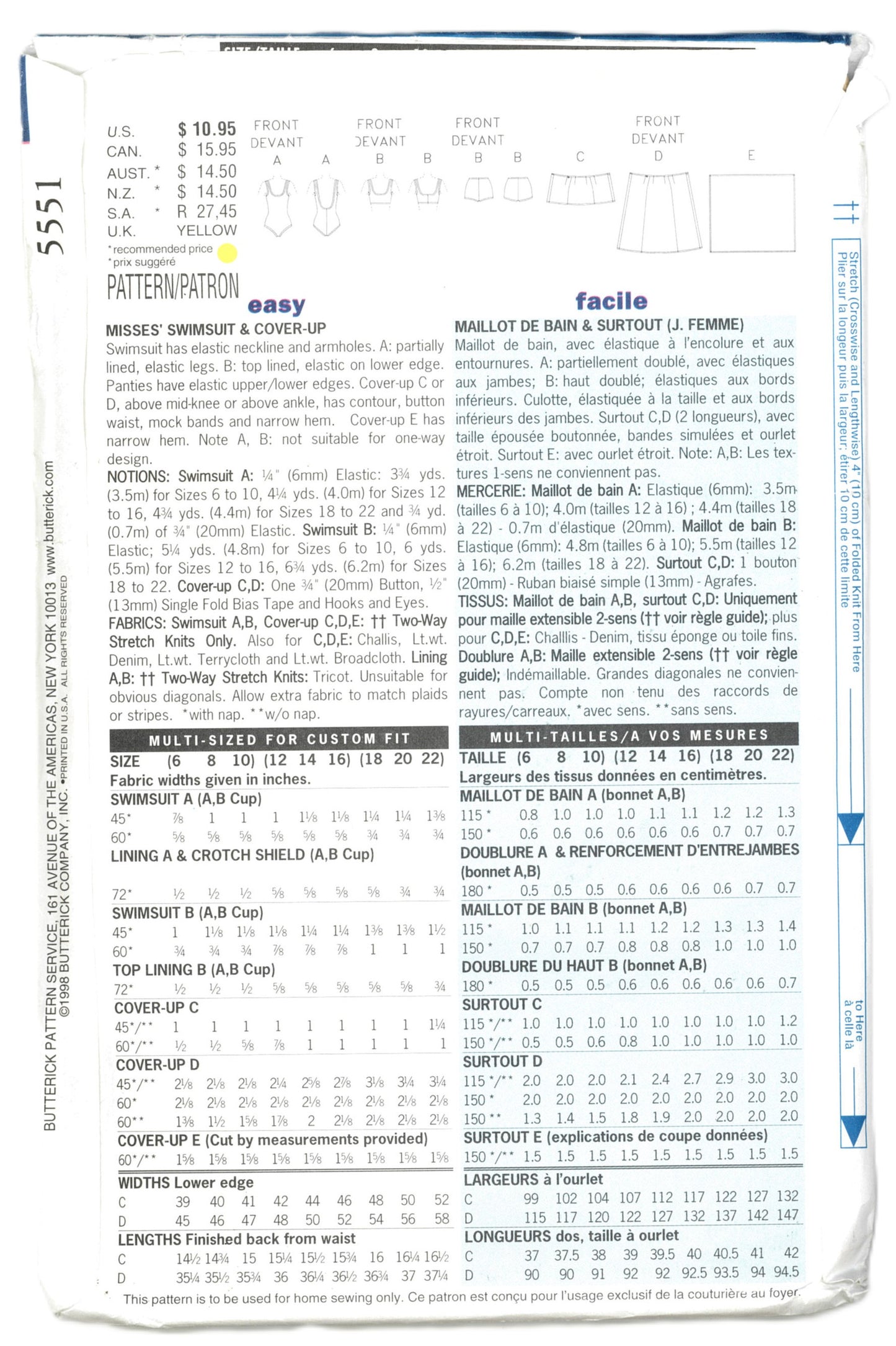 Butterick 5551 Misses Swimsuit and Cover Up Sewing Pattern UNCUT Size 6 8 10