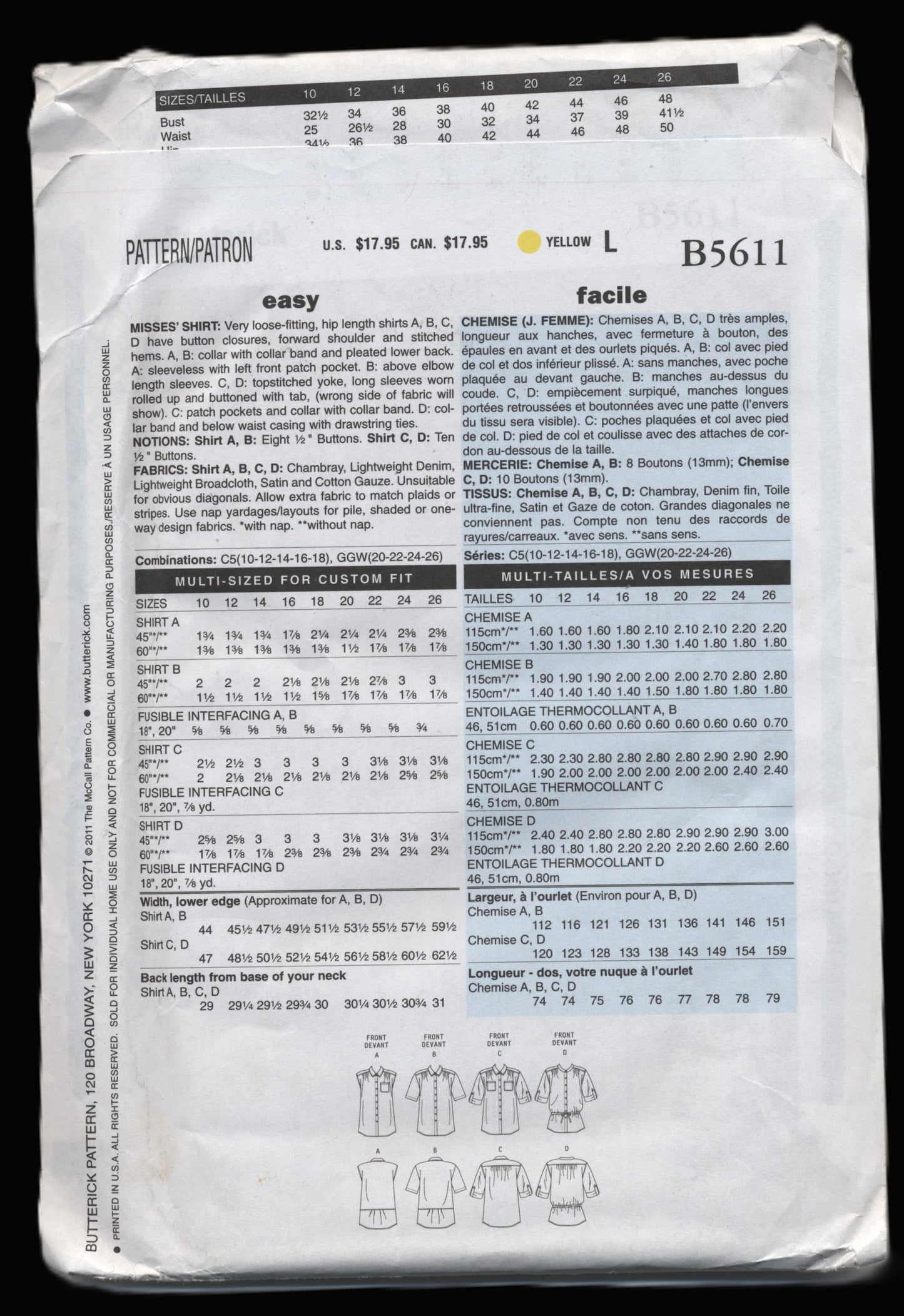 Butterick 5611 Misses Shirt Sewing Pattern UNCUT - Size 10 12 14 16 18