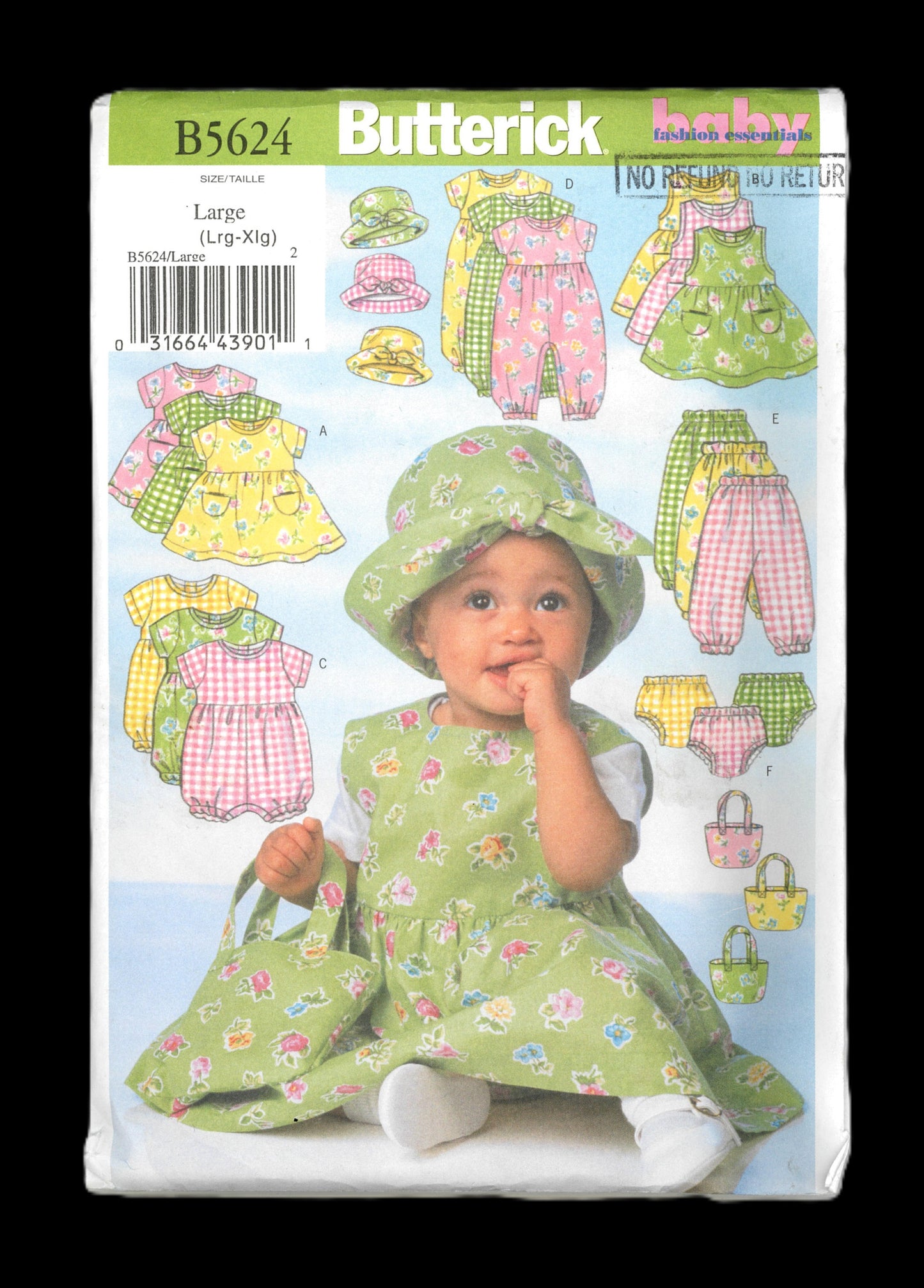 Butterick 5624 Infants Dress, Jumper, Romper, Jumpsuit, Panties, Pants, Hat and Bag Sewing Pattern - UNCUT - Size Large ( Lrg - Xlg)