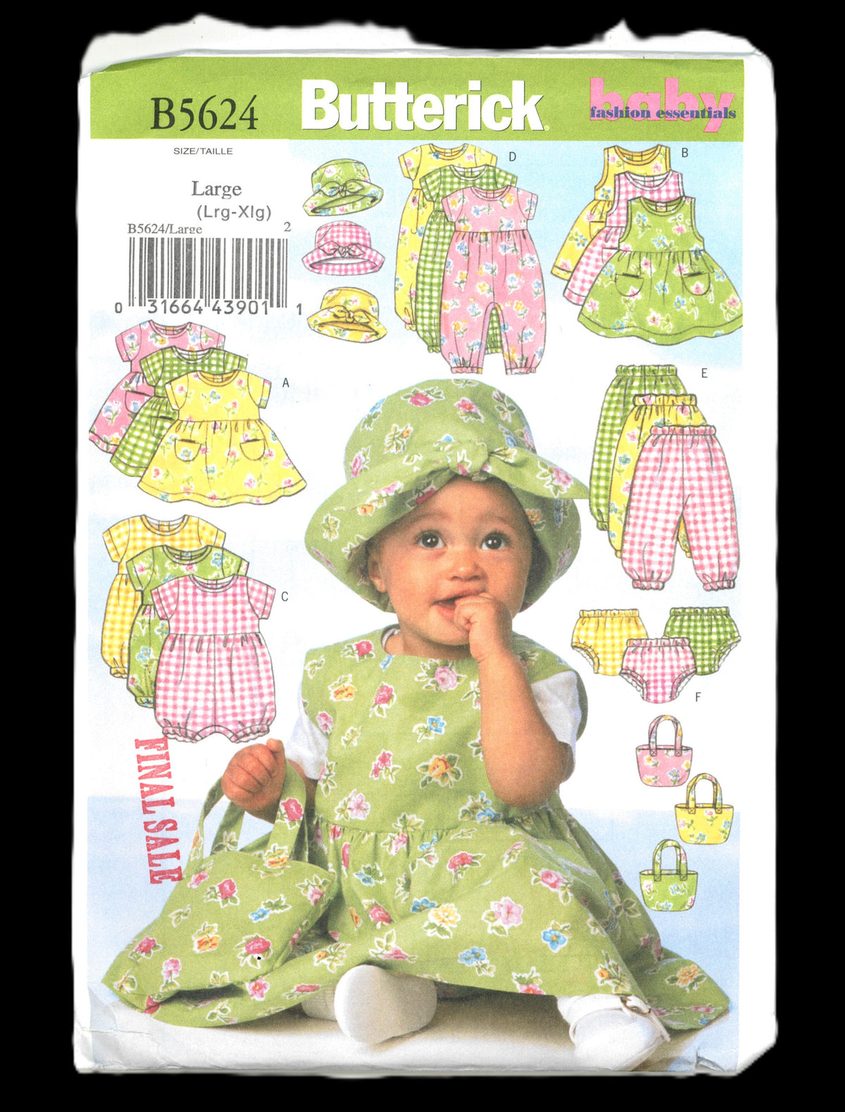 Butterick 5624 Infants Dress, Jumper, Romper, Jumpsuit, Panties, Pants, Hat and Bag Sewing Pattern - UNCUT - Size Large ( Lrg - Xlg)