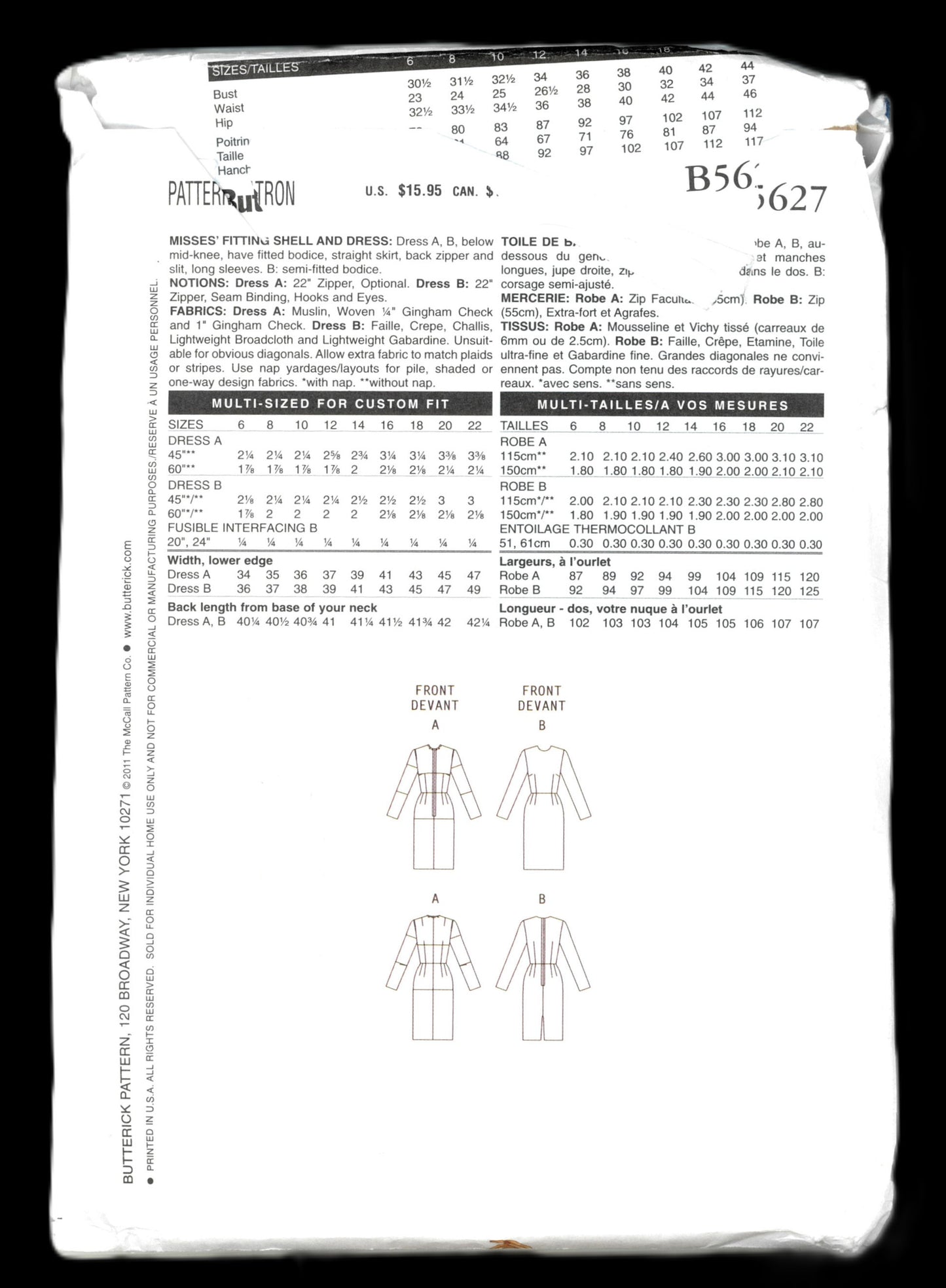 Butterick 5627 Misses Fitting Shell and Dress Sewing Pattern UNCUT Size 20