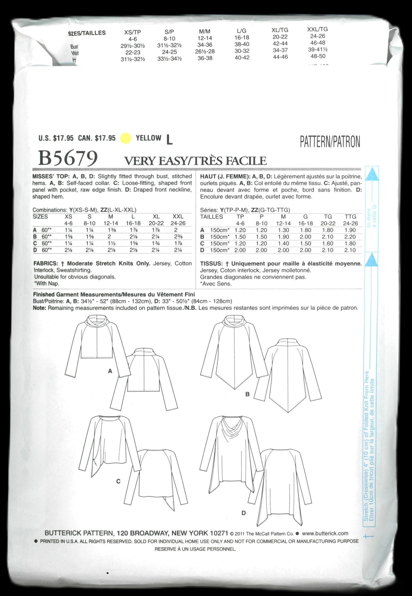 Butterick 5679 Misses Tops Sewing Pattern UNCUT  Size Lrg Xlg Xxl