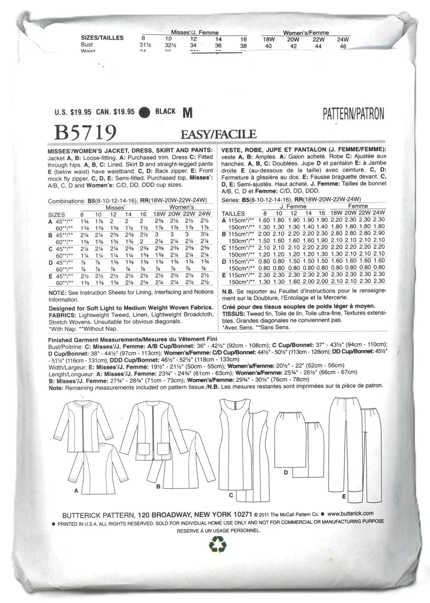 Butterick 5719 Womens Jacket Dress Skirt and Pants Sewing Pattern - UNCUT - Size 18w 20w 22w 24w