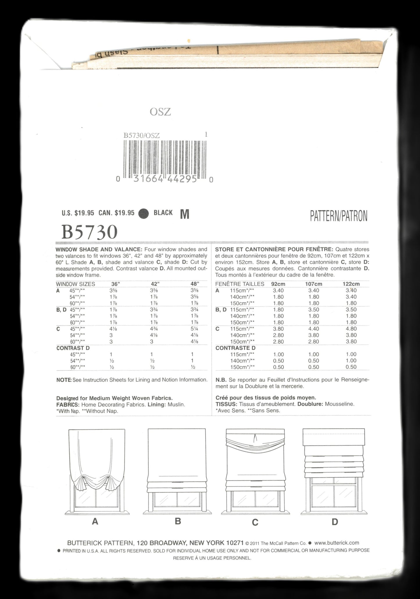 Butterick 5730 Waverly Window Shade and Valance Sewing Pattern - UNCUT