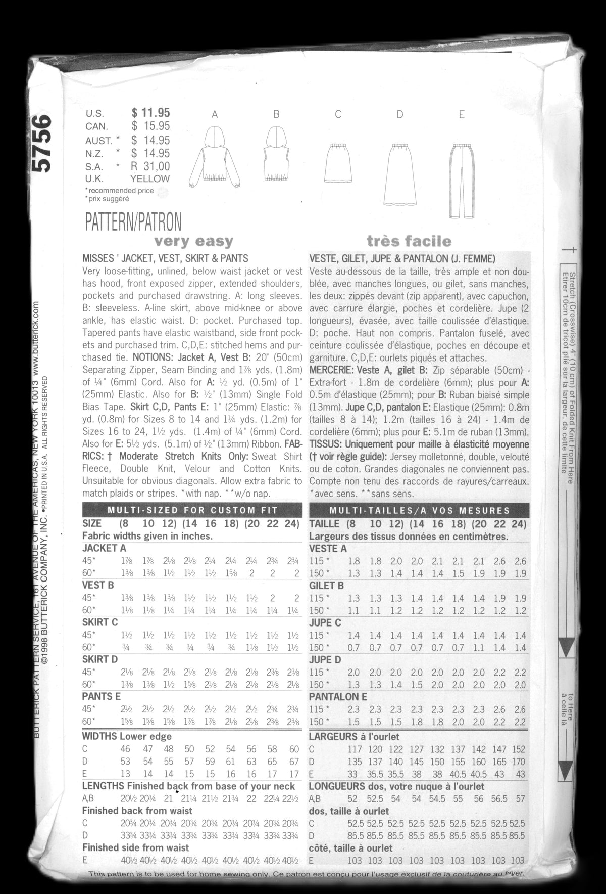 Butterick 5756 Misses Jacket Vest Skirt and Pants Sewing Pattern - UNCUT - Size 8 10 12 Or Size 14 16 18