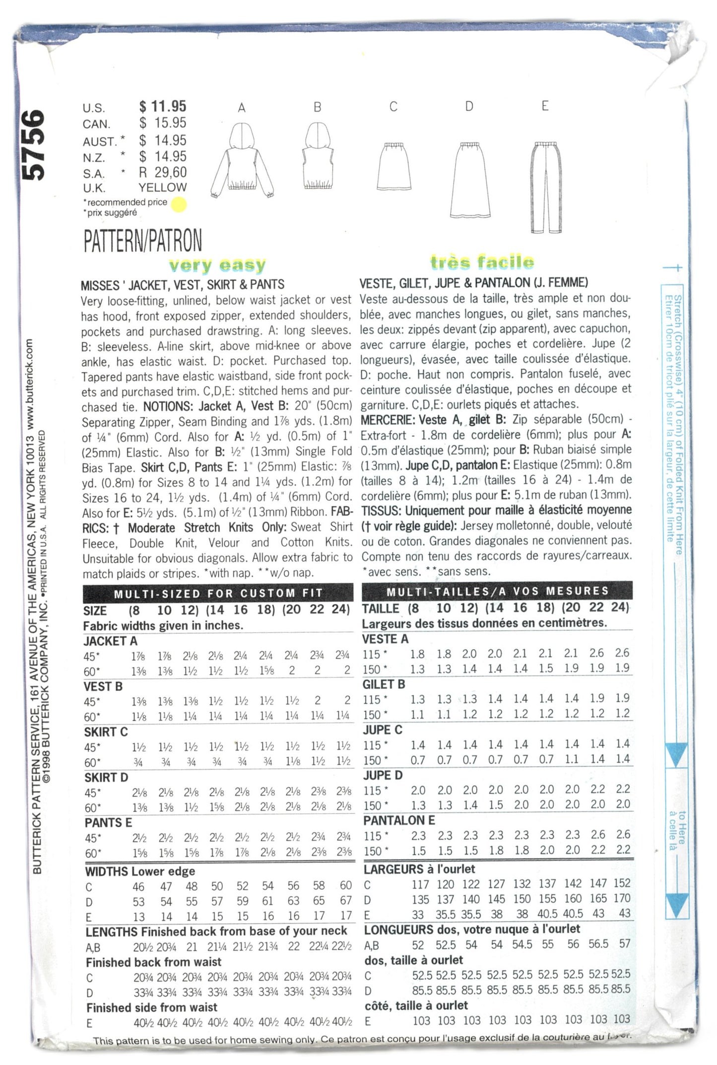 Butterick 5756 Misses Jacket Vest Skirt and Pants Sewing Pattern - UNCUT - Size 8 10 12