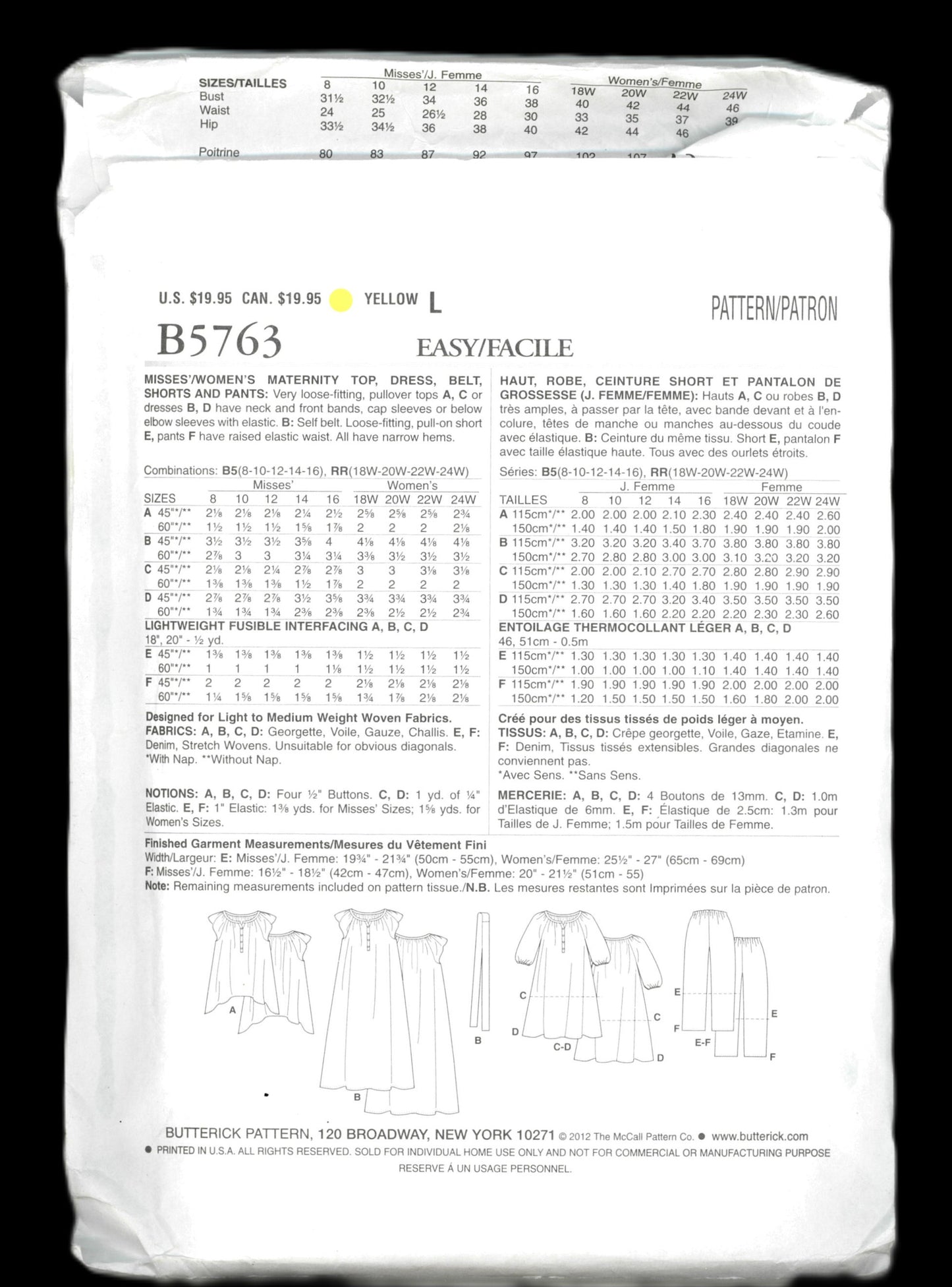Butterick 5763 Womens Maternity TOp Dress Belt Shorts and Pants Sewing Pattern UNCUT Size 18w 20w 22w 24w