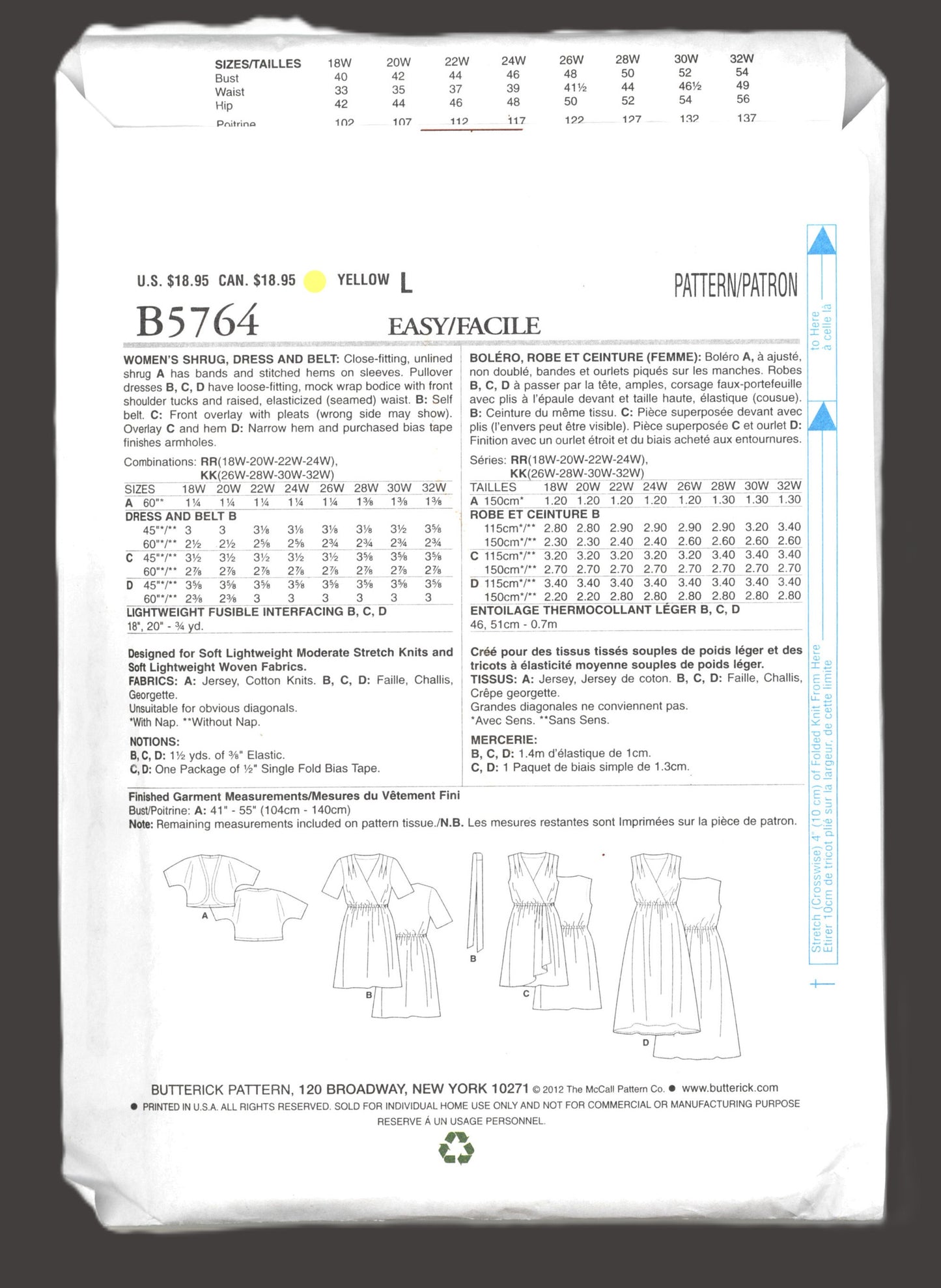 Butterick 5764 Womens Shrug Dress and Belt Sewing Pattern UNCUT  Size 18w 20w 22w 24w