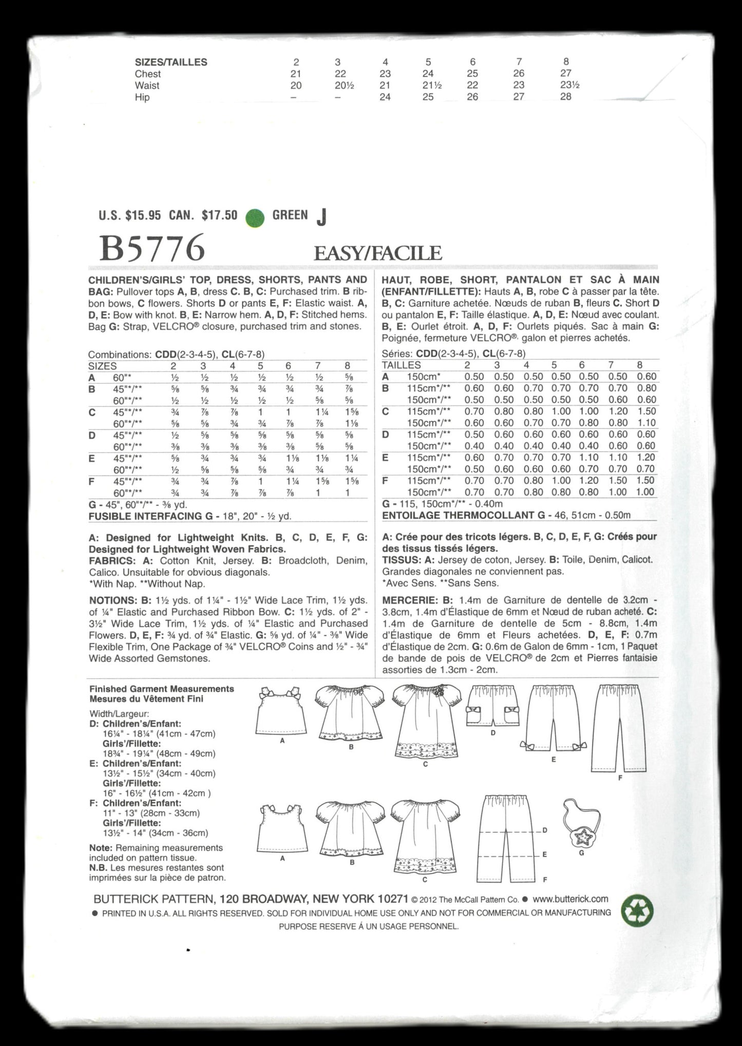 Butterick 5776 Girls Top Dress Shorts Pants and Bag Sewing Pattern - UNCUT Size 2 3 4 5