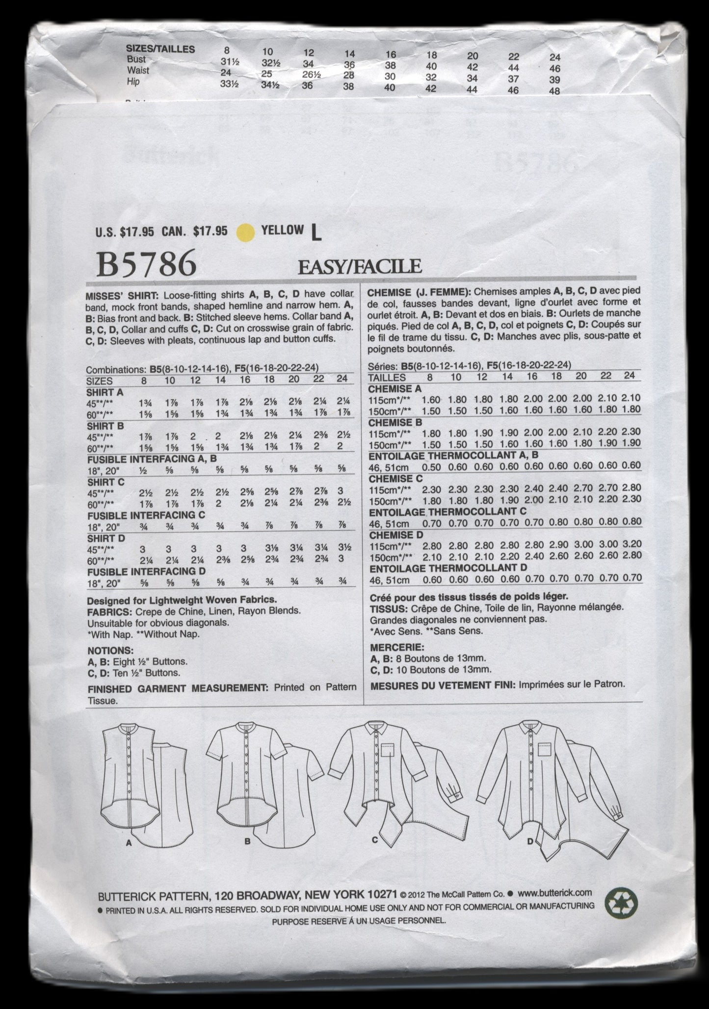 Butterick 5786 Misses Shirt Sewing Pattern UNCUT - Size 8 10 12 14 16