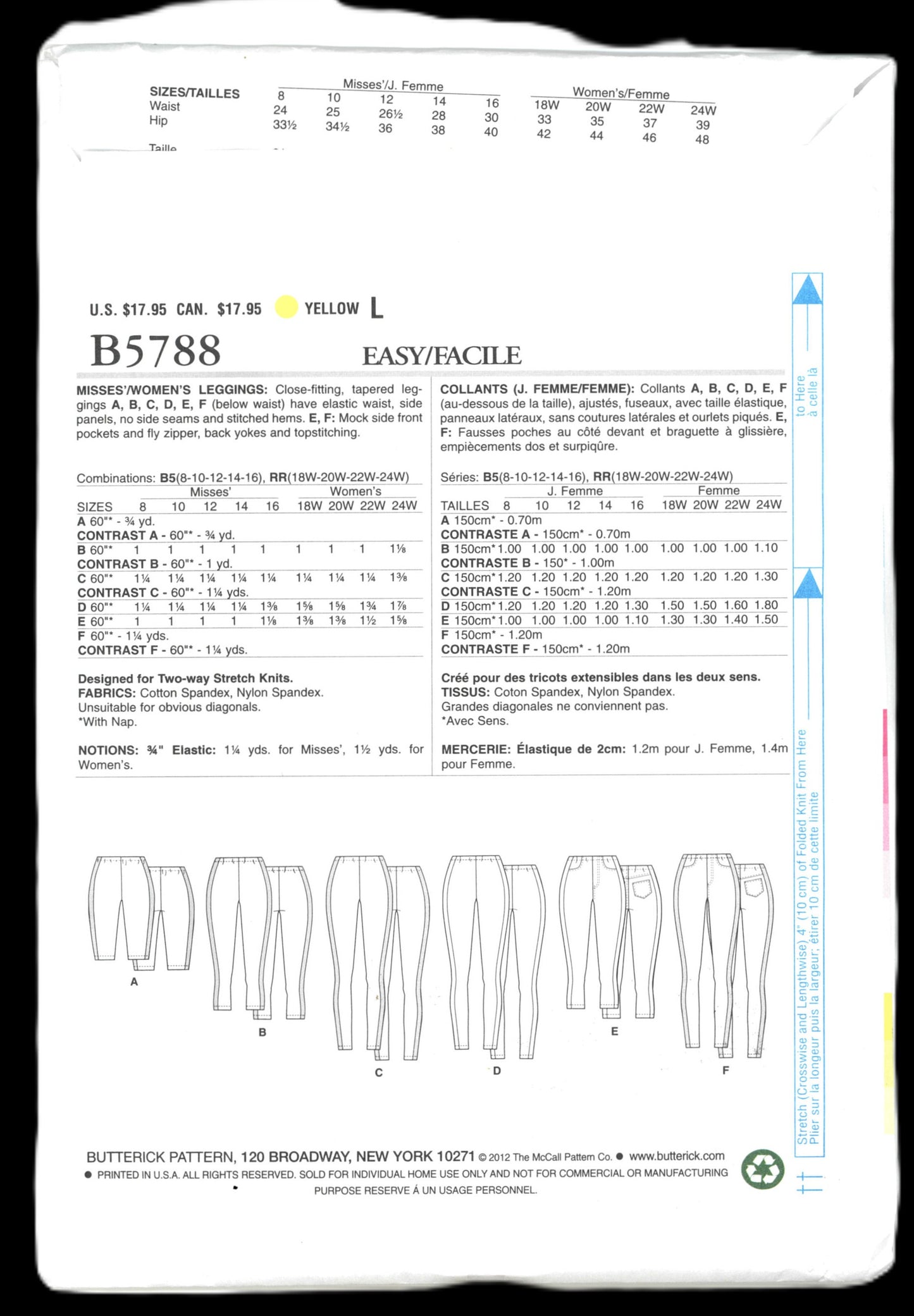 Butterick 5788 Womens Leggings Sewing Pattern UNCUT Size 18w 20w 22w 24w