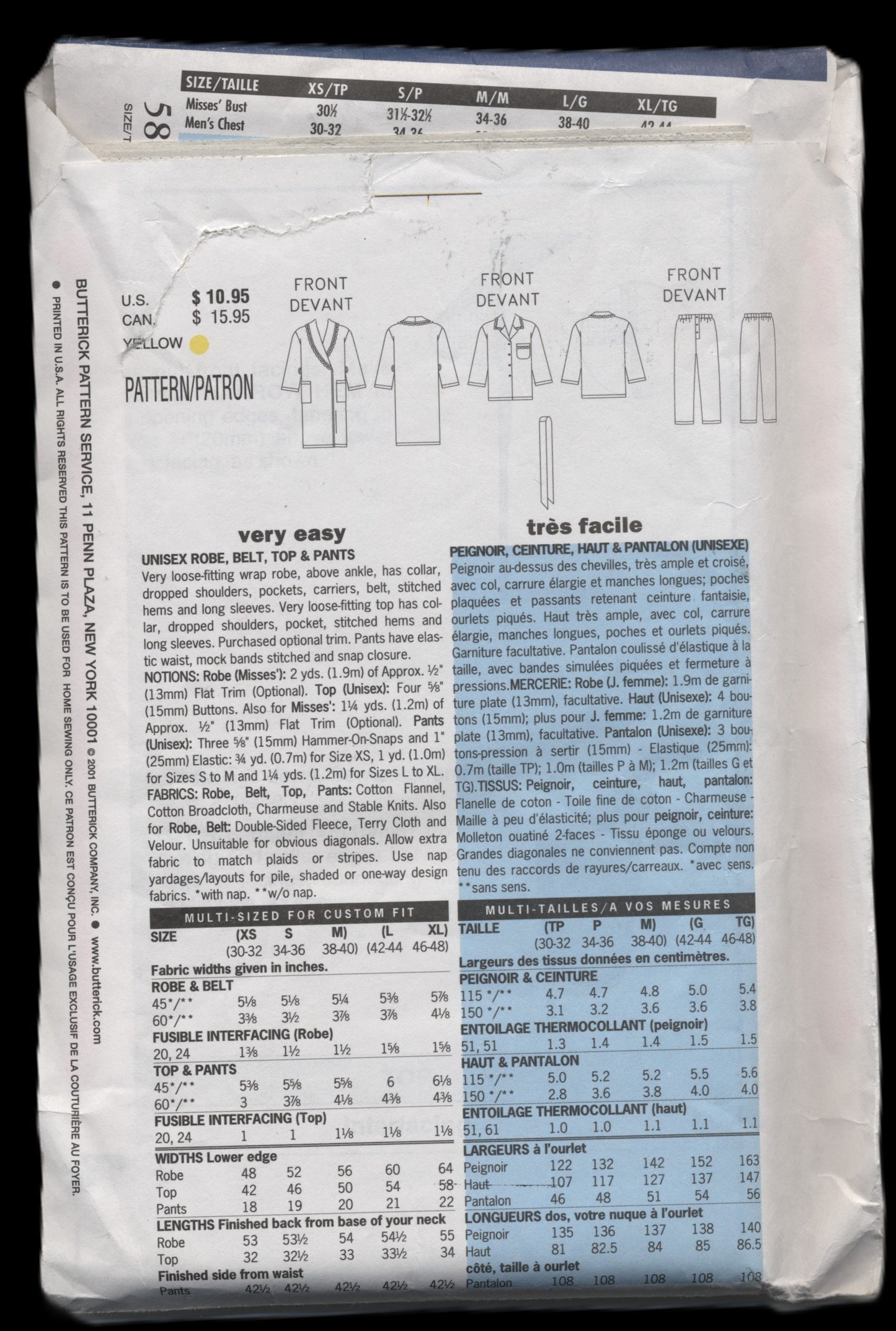 Butterick 5848 Unisex Robe, Belt, Top and Pants Sewing Pattern - UNCUT - Size XS S M