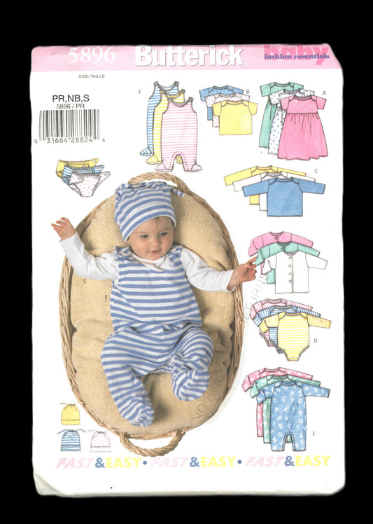 Butterick 5896 Infants Jacket Dress Top Romper Diaper Cover and Hat Sewing Pattern - UNCUT - Size PR NB S