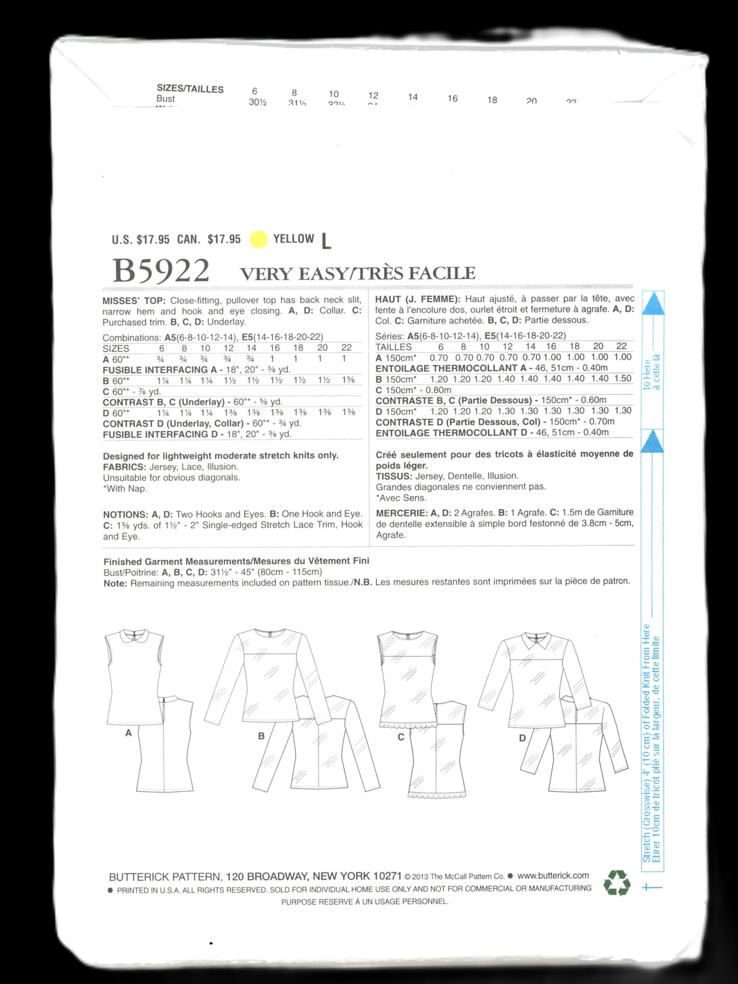 Butterick 5922 Misses Top Sewing Pattern UNCUT  Size 14 16 18 20 22