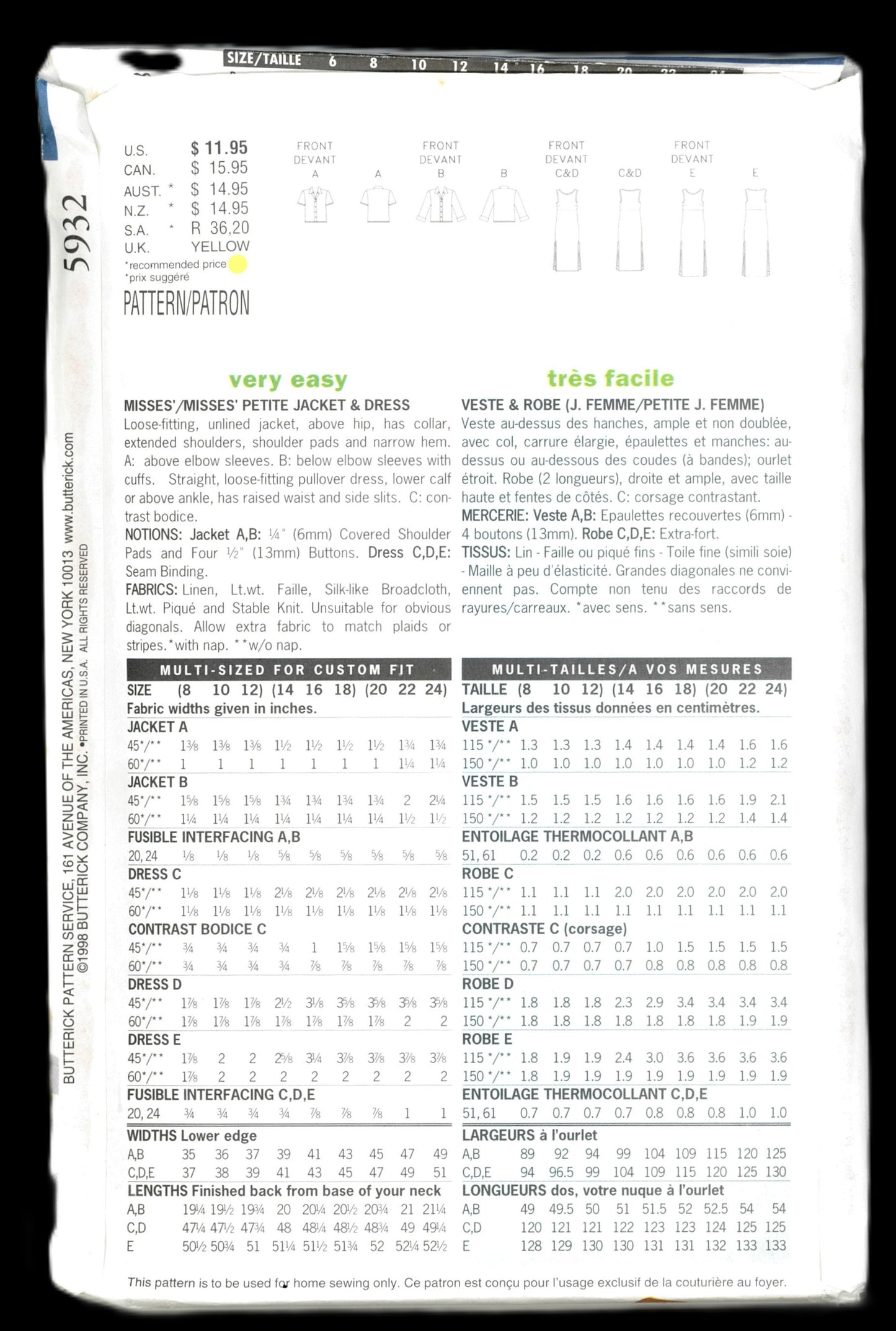 Butterick 5932 Misses / Misses Petite Jacket and Dress Sewing Pattern - UNCUT - Size 8 10 12