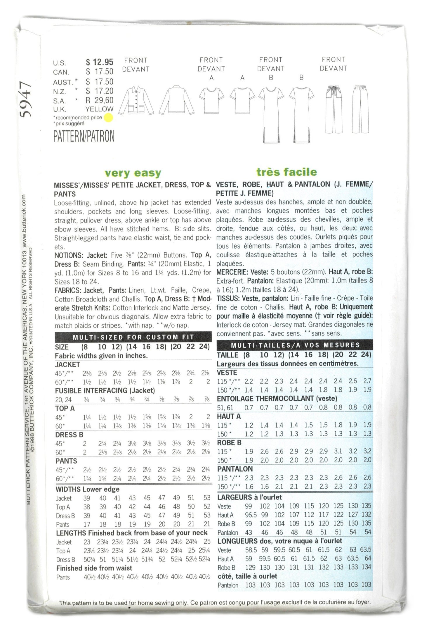 Butterick 5947 Misses / Misses Petite Jacket Dress Top and Pants Sewing Pattern - UNCUT - Size 8 10 12