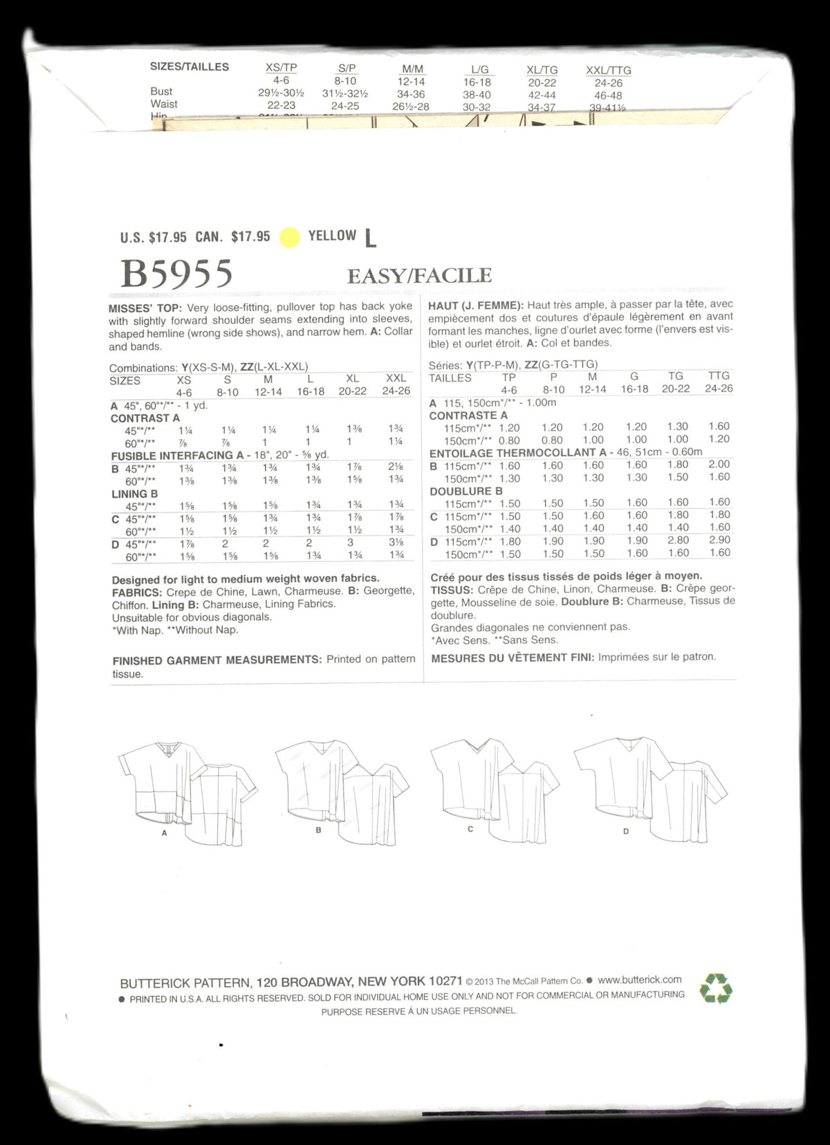 Butterick 5955 Misses Tops Sewing Pattern UNCUT  Size Lrg Xlg Xxl