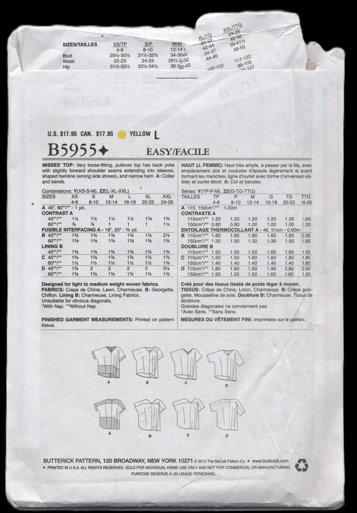 Butterick 5955 Misses Tops Sewing Pattern UNCUT  Size Lrg Xlg Xxl