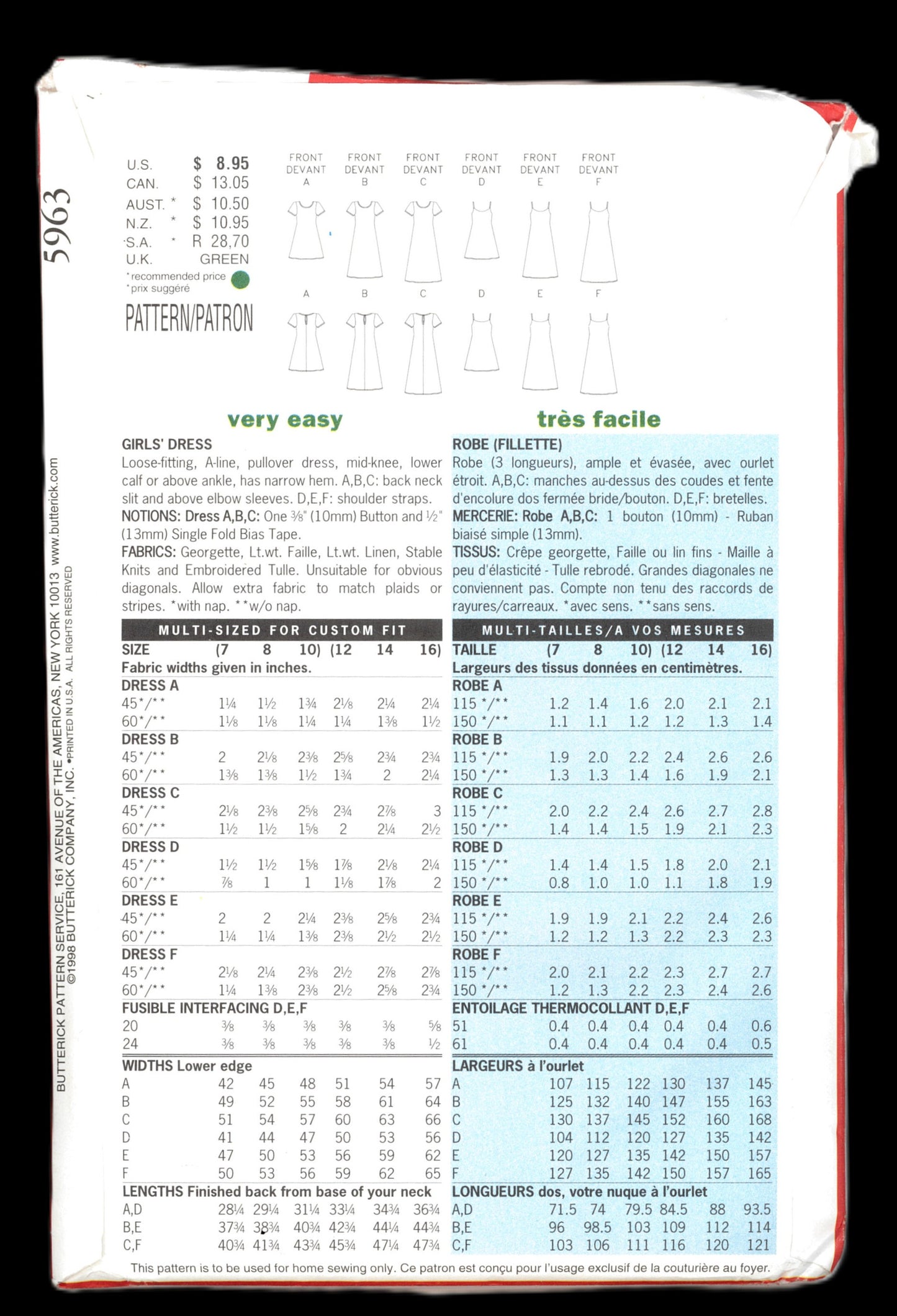 Butterick 5963 Girls Dress Sewing Pattern - UNCUT Size 7 8 10