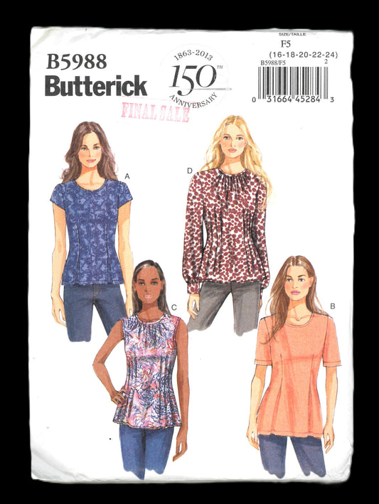 Butterick 5988 Misses / Misses Petite Top Sewing Pattern UNCUT  Size 16 18 20 22 24