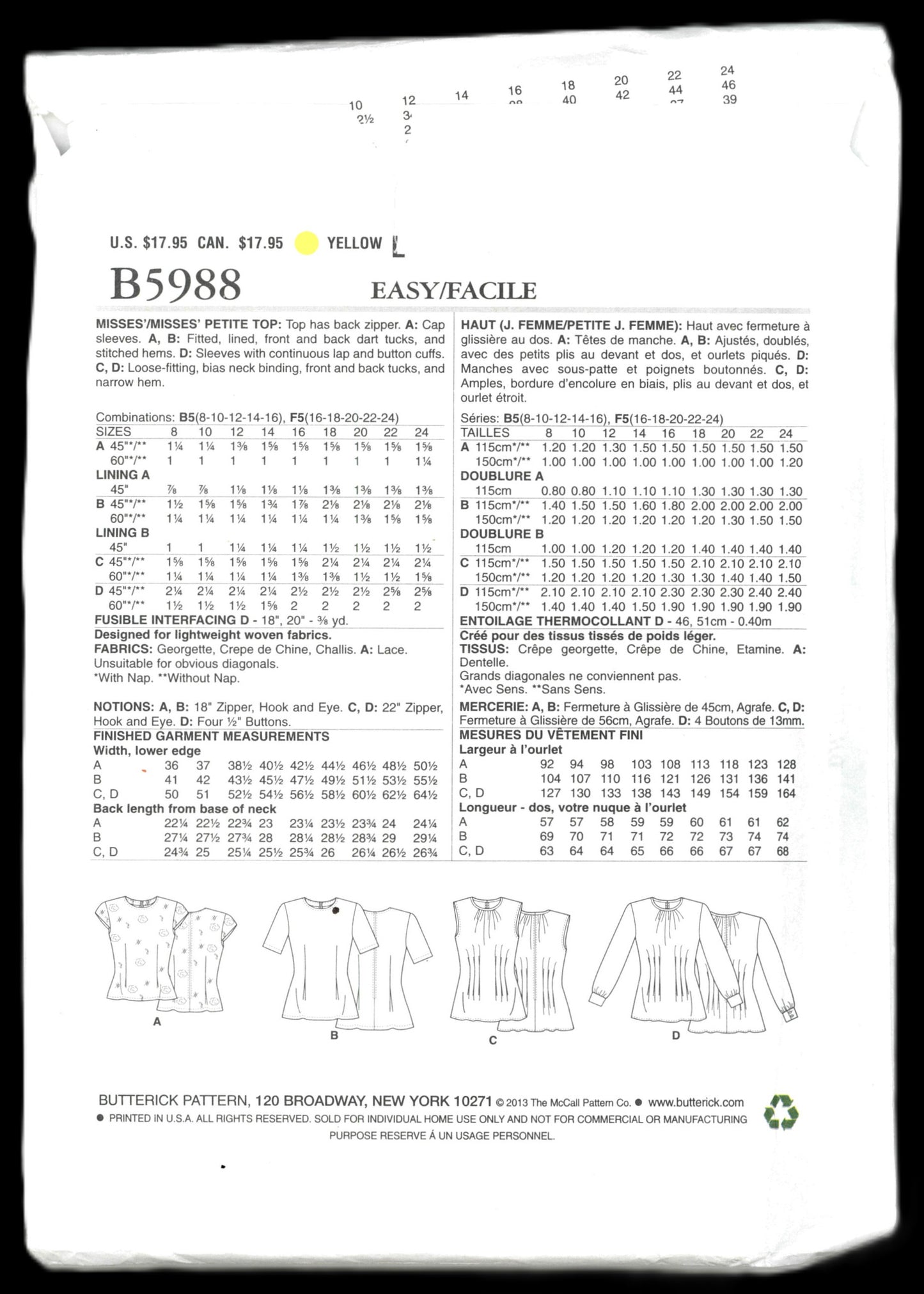 Butterick 5988 Misses / Misses Petite Top Sewing Pattern UNCUT  Size 16 18 20 22 24