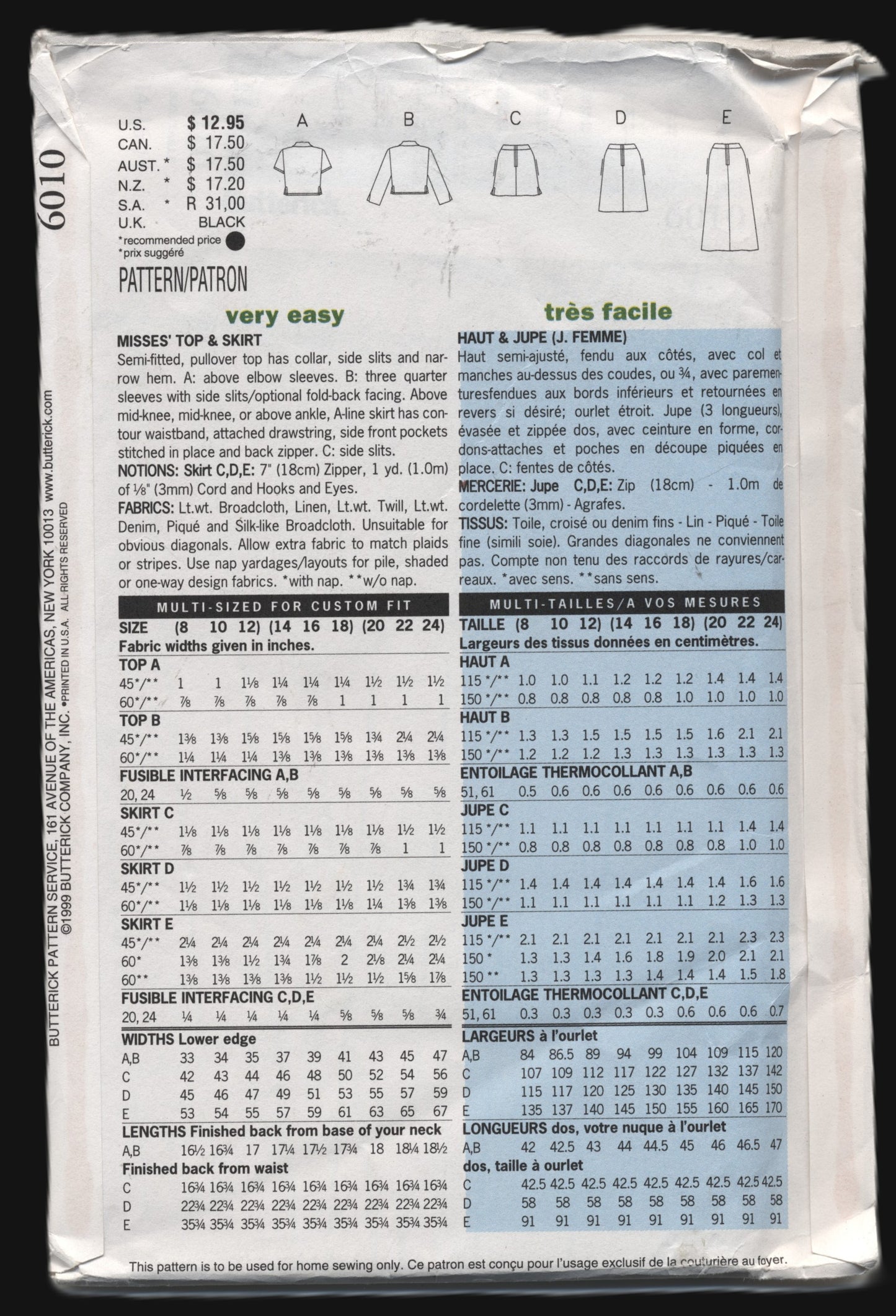 Butterick 6010 Misses Top and Skirt Sewing Pattern UNCUT Size 14 16 18, 90s sewing pattern 