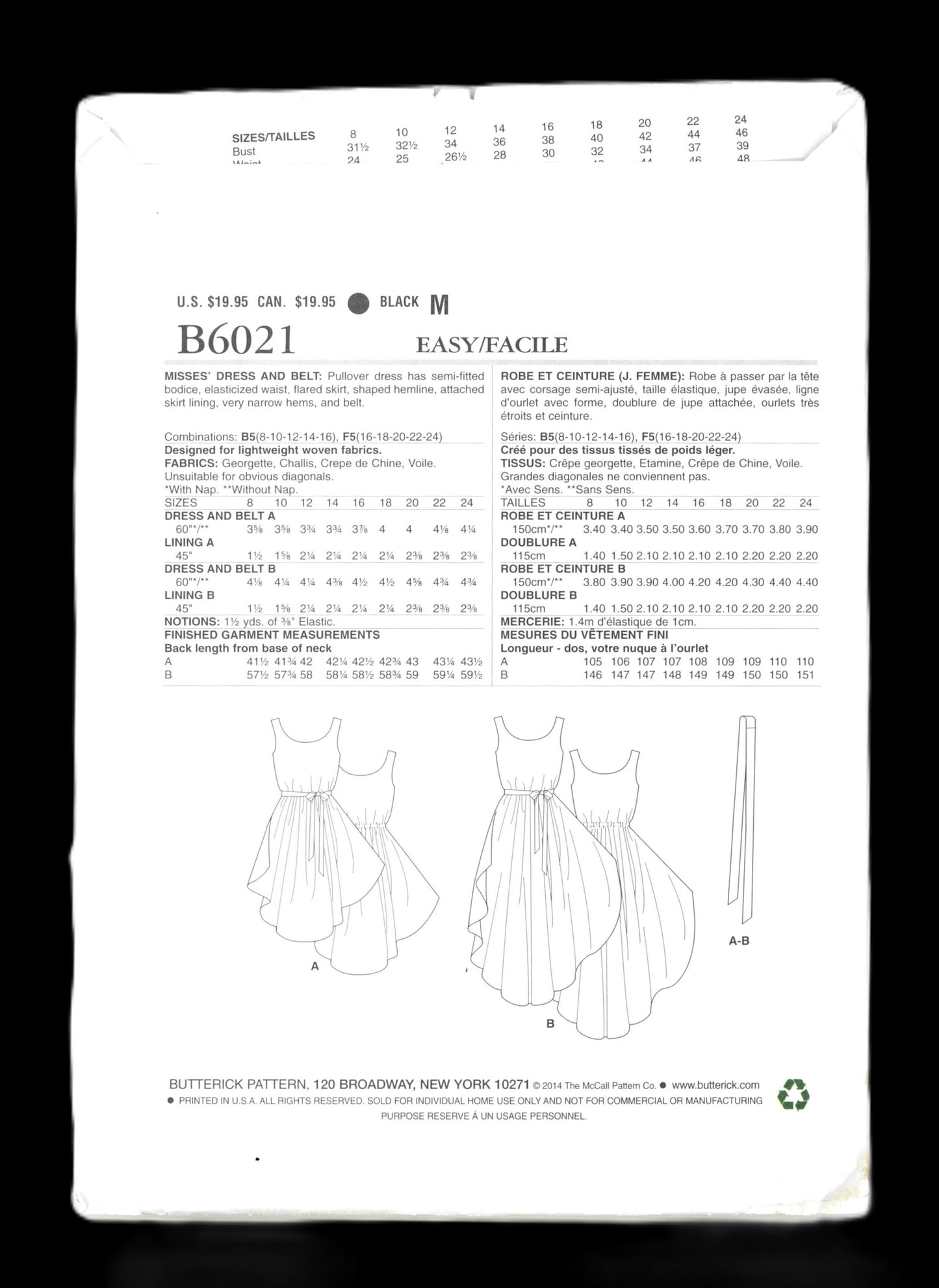 Butterick 6021 Misses Dress  and Belt Sewing Pattern - UNCUT - Size 8 10 12 14 16