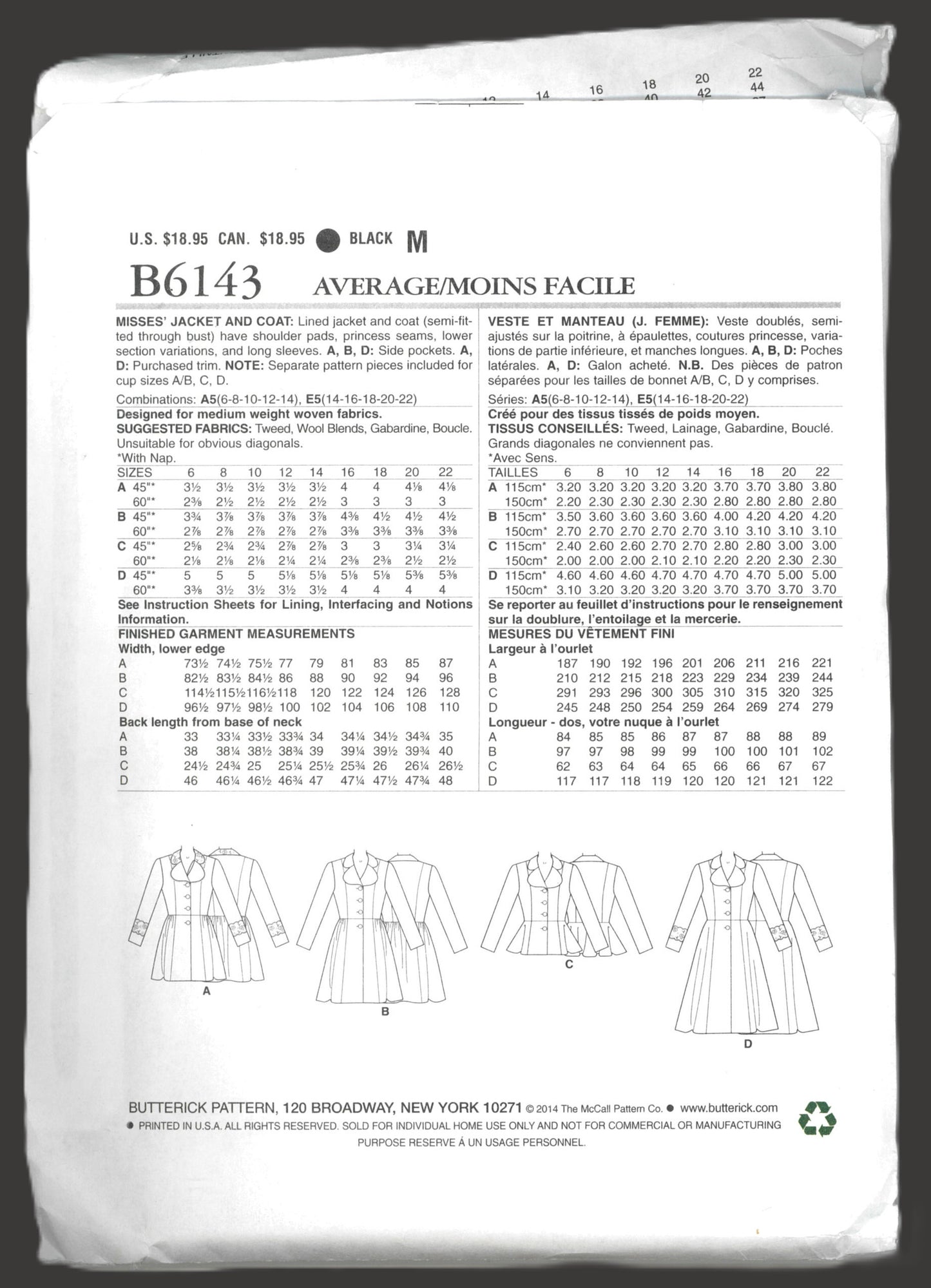 Butterick 6143 Misses Jacket and Coat Sewing Pattern UNCUT  Size 6 8 10 12 14