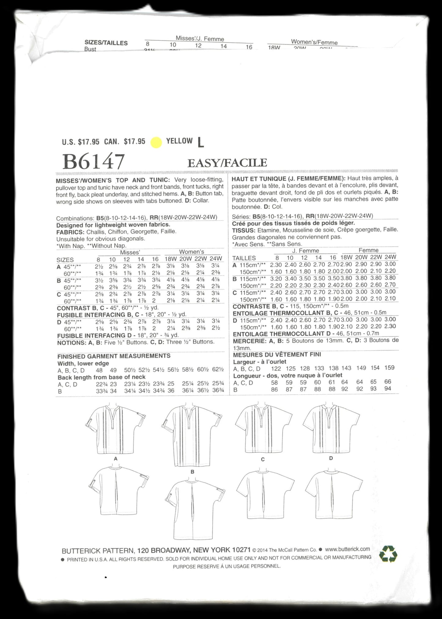 Butterick 6147 Womens Top and Tunic Sewing Pattern UNCUT  Size 18w 20w 22w 24w