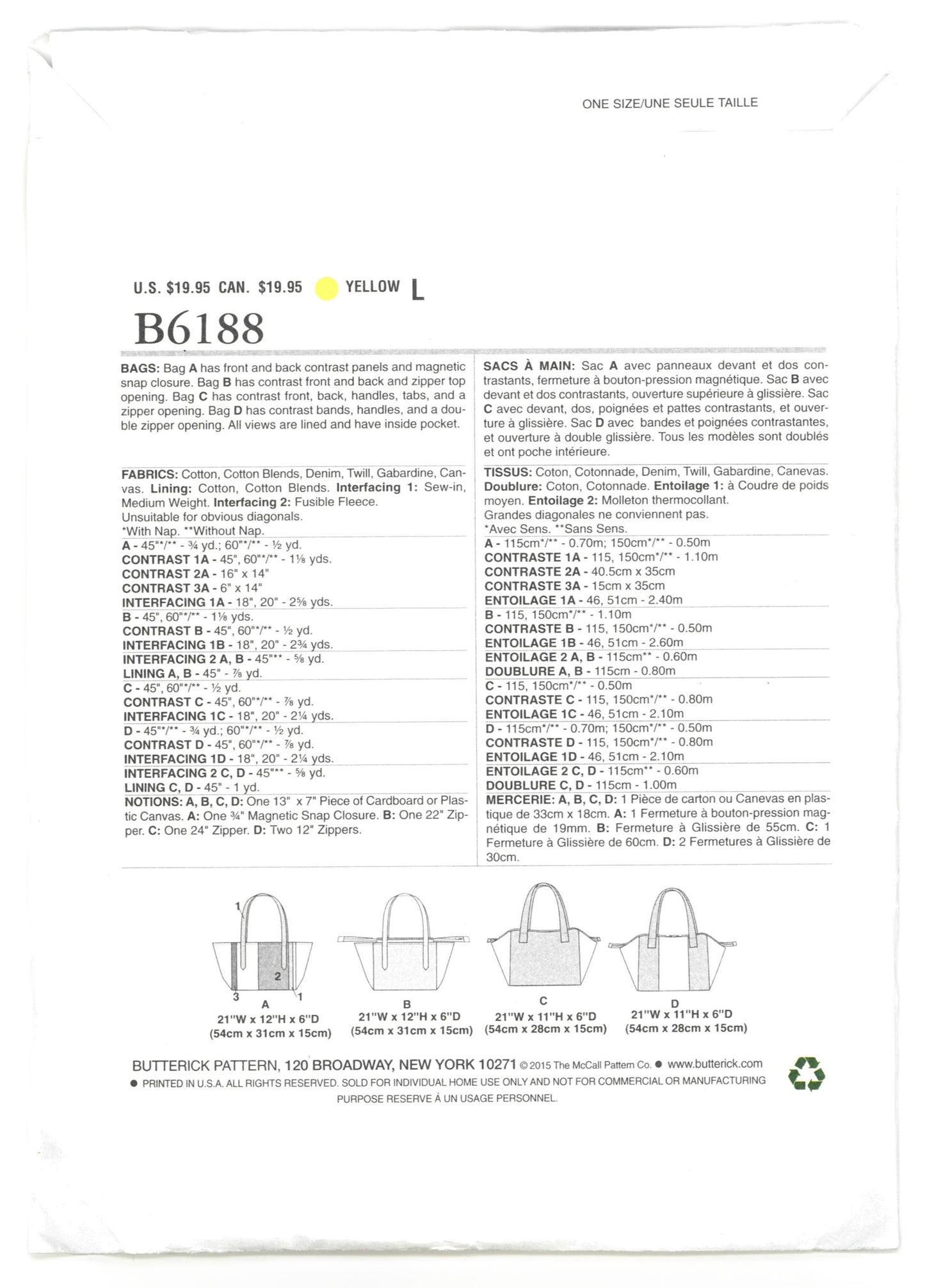 Butterick 6188 Bags Sewing Pattern - UNCUT
