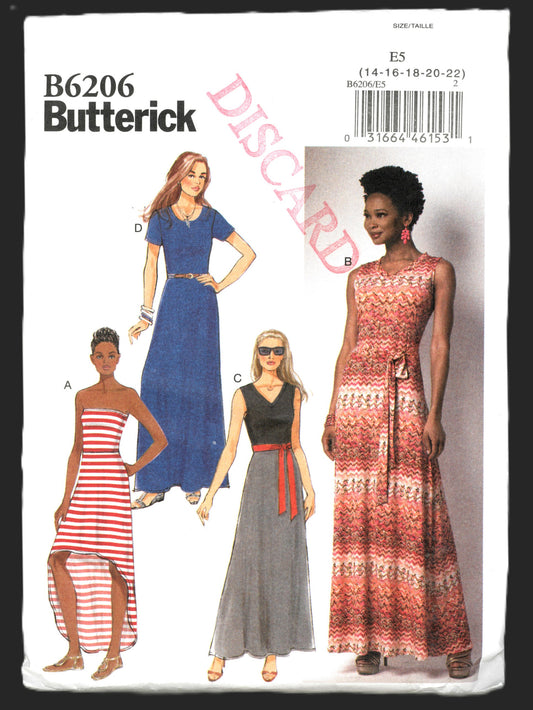 Butterick 6206 Misses Dress and Belt Sewing Pattern - UNCUT - Size 14 16 18 20 22