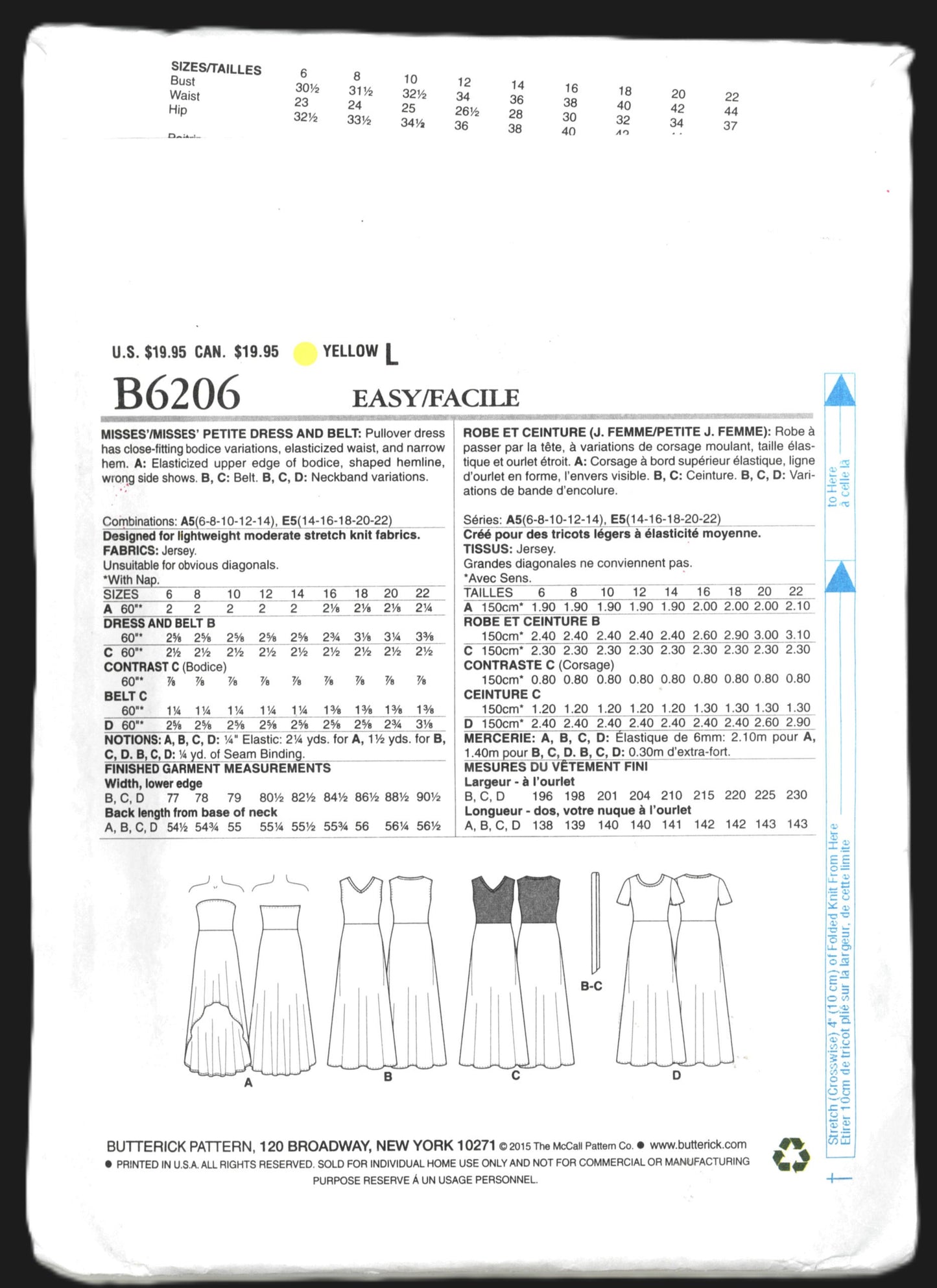 Butterick 6206 Misses Dress and Belt Sewing Pattern - UNCUT - Size 14 16 18 20 22