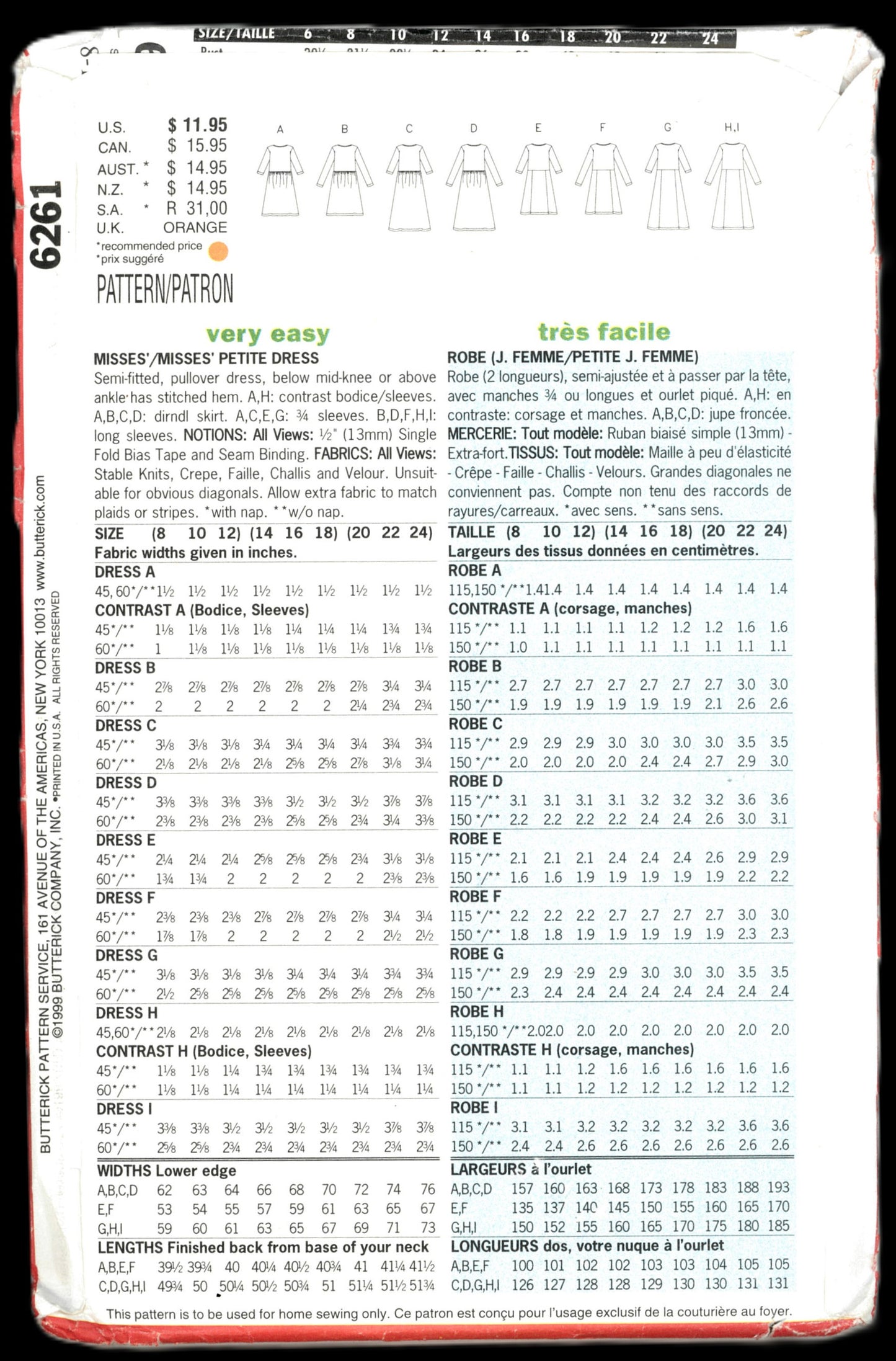 Butterick 6261 Misses / Misses Petite Dress Sewing Pattern UNCUT Size 8 10 12 or Size 20 22 24