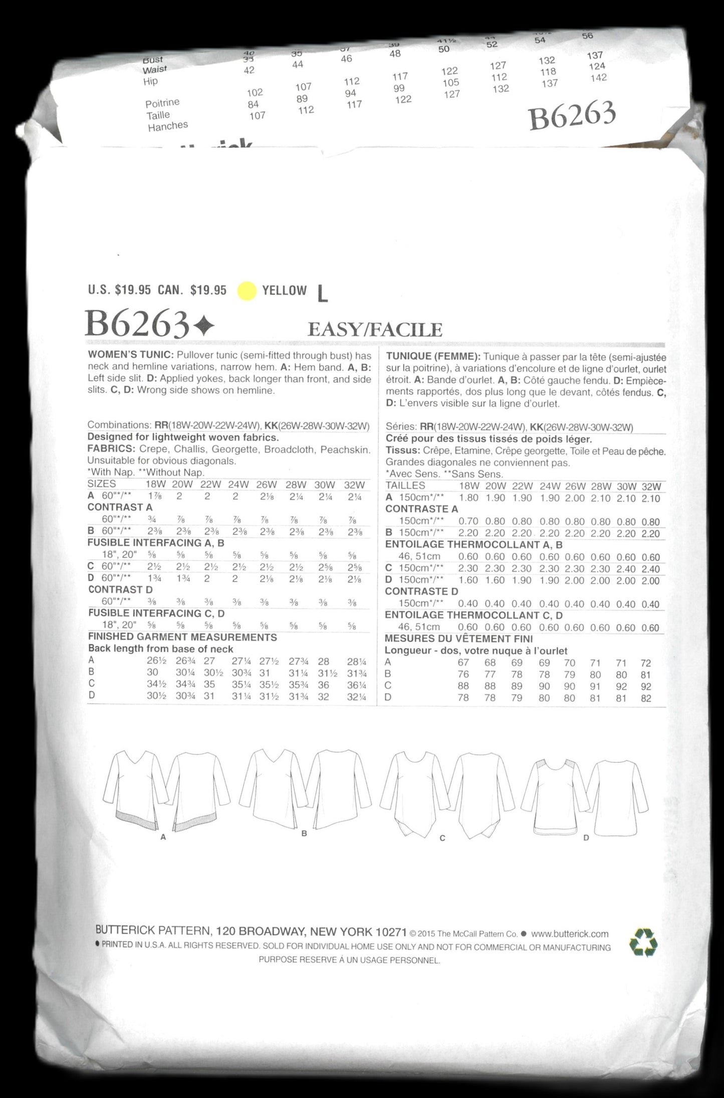 Butterick 6263 Misses Tunic Sewing Pattern UNCUT  Size 26w 28w 30w 32w