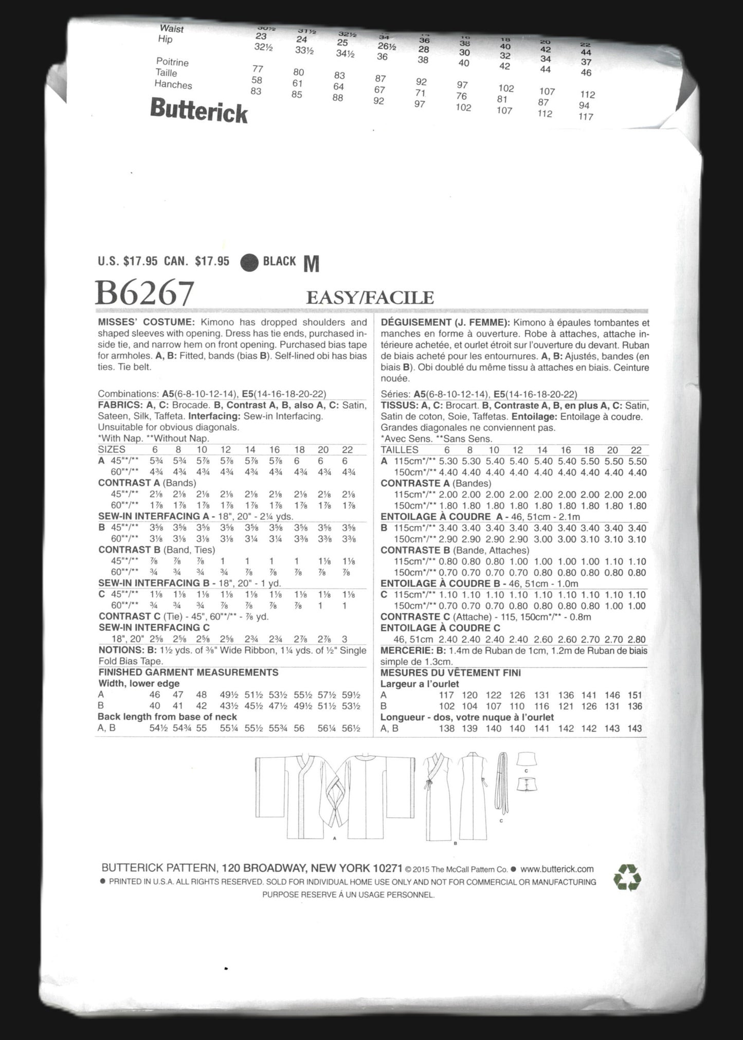 Butterick 6267 Making History Misses Japanese Kimono  Costume Sewing Pattern UNCUT  Size 6 8 10 12 14