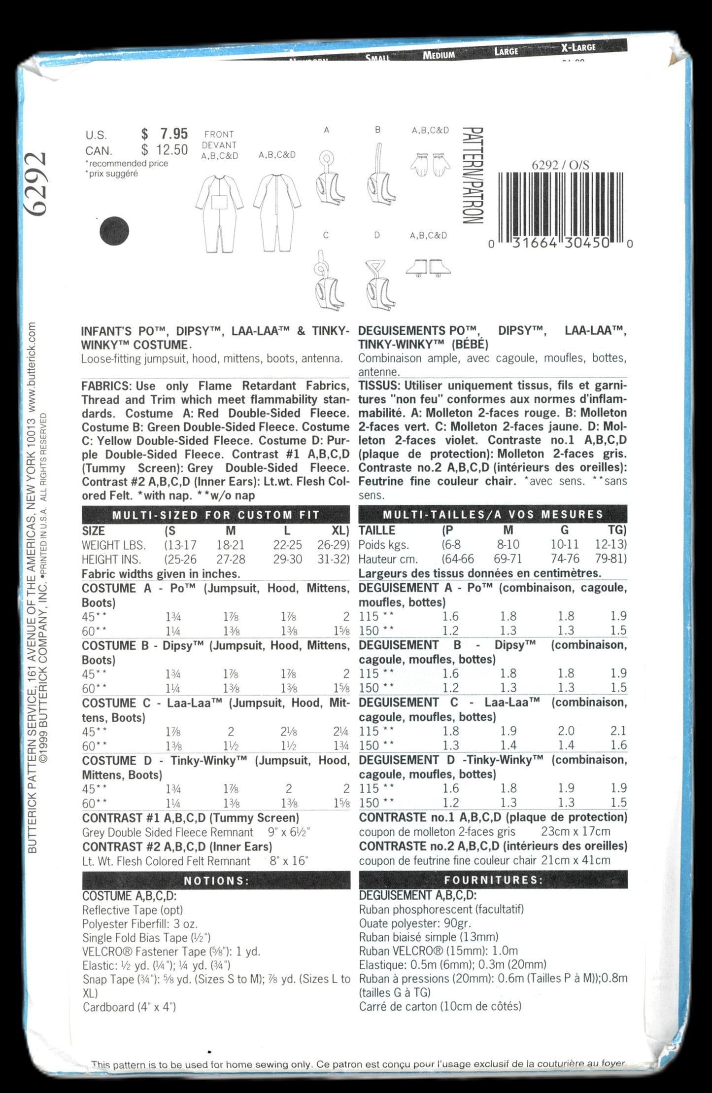 Butterick 6292 Infants Teletubbies Po Dipsy LAA-LAA and Tinky Winky Costume Sewing Pattern UNCUT - Size S M L XL