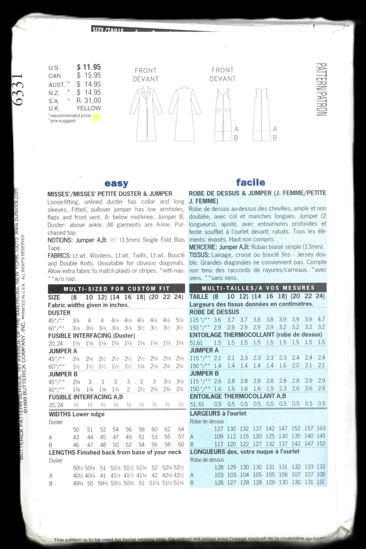 Butterick 6331 Misses / Misses Petite Duster and Jumper Sewing Pattern - UNCUT - Size 8 10 12