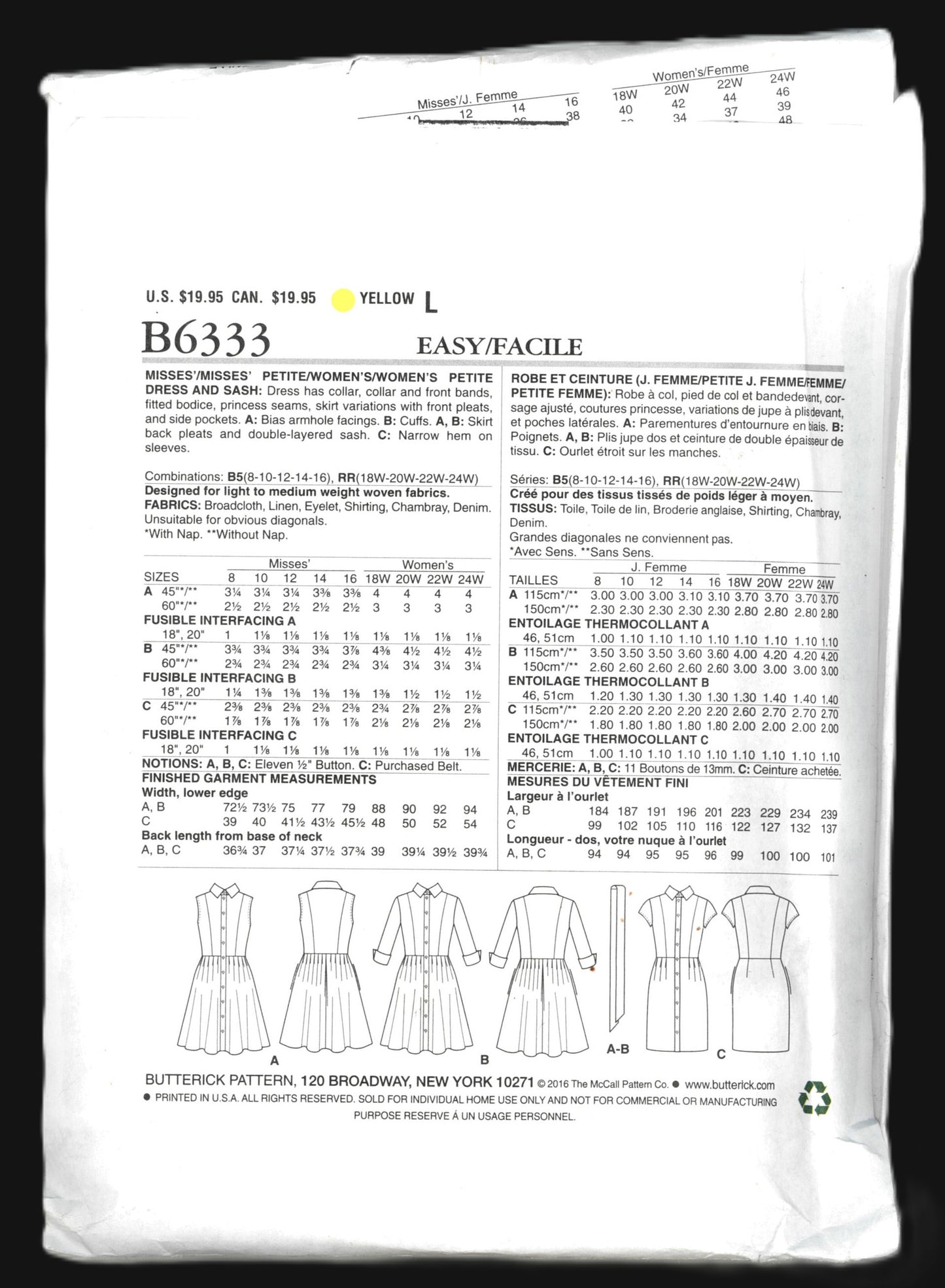Butterick 6333 Misses Dress Sewing Pattern  - UNCUT - Size 8 10 12 14 16
